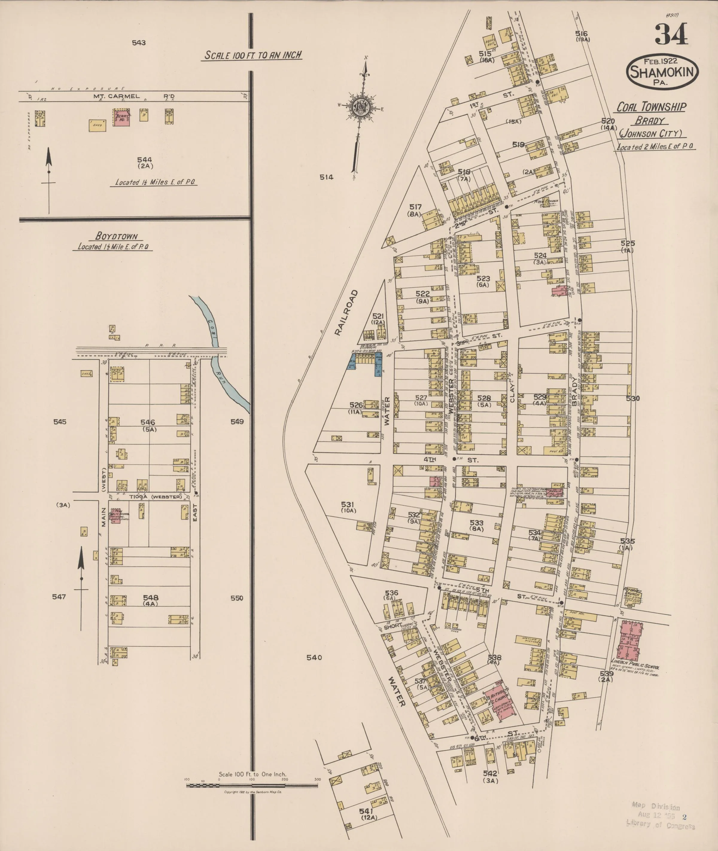 Page 34 of the February 1922 Shamokin Sanborn fire-insurance maps; streets, building footprints, and map symbols.