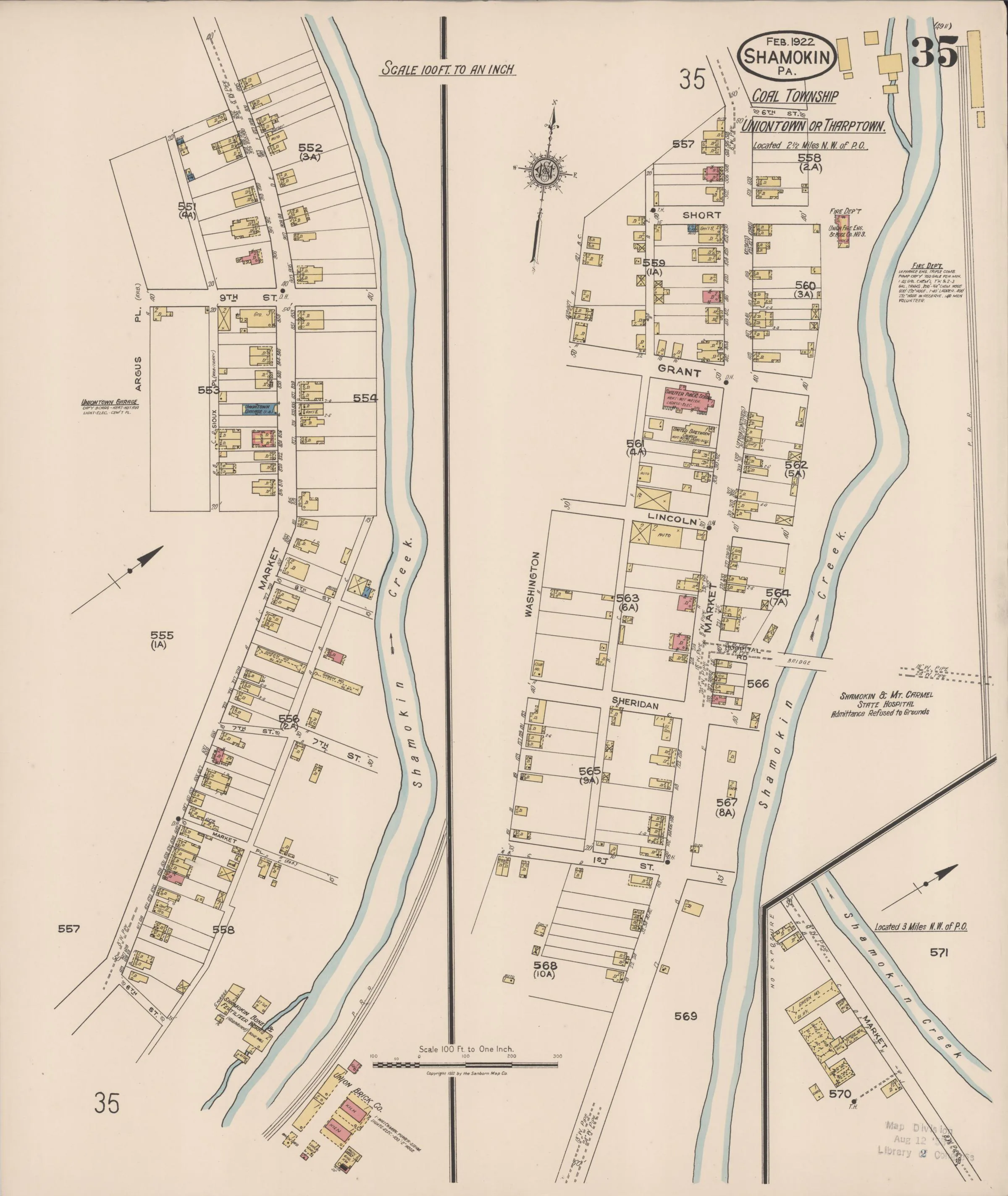 Page 35 of the February 1922 Shamokin Sanborn fire-insurance maps; streets, building footprints, and map symbols.