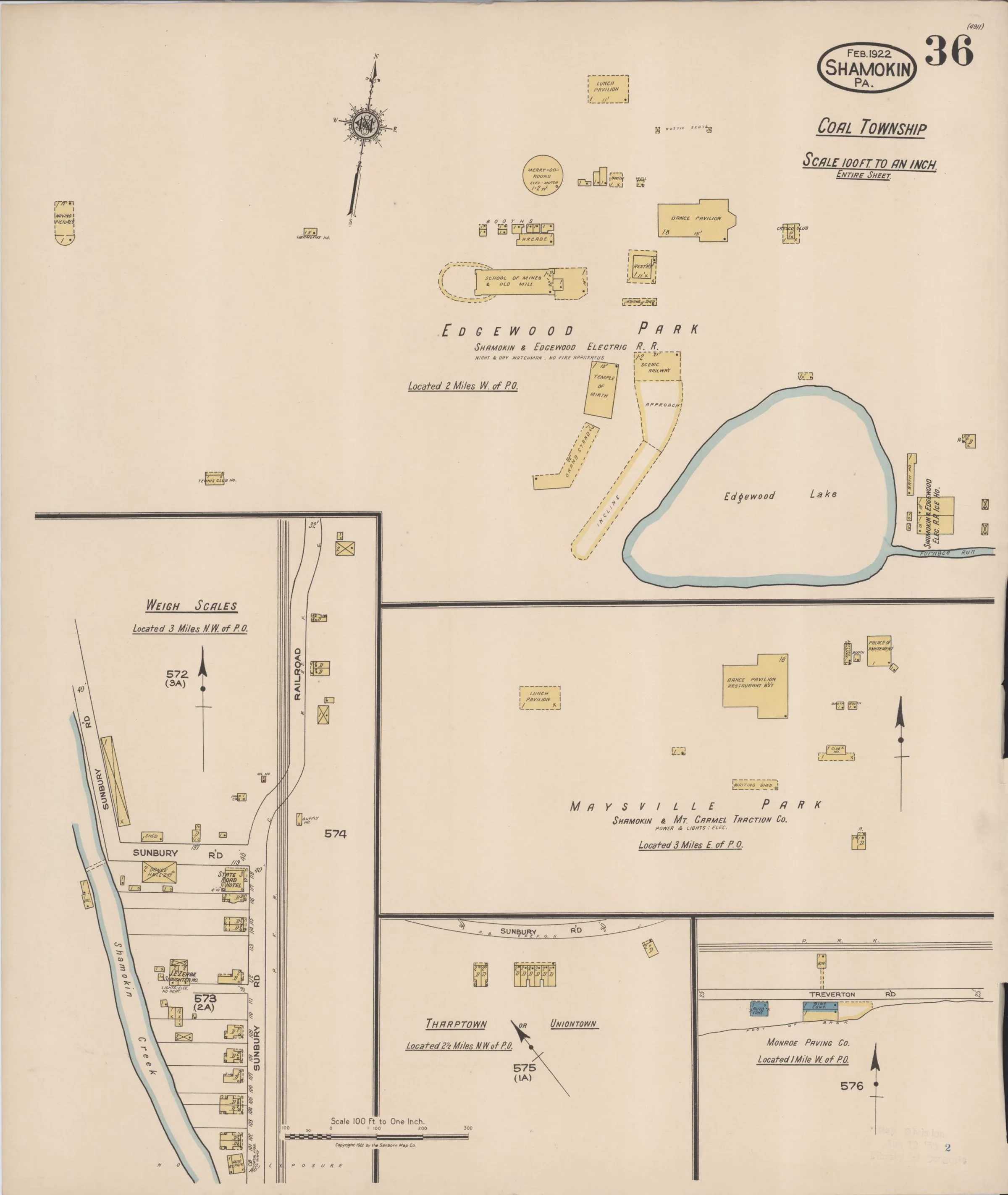 Page 36 of the February 1922 Shamokin Sanborn fire-insurance maps; streets, building footprints, and map symbols.