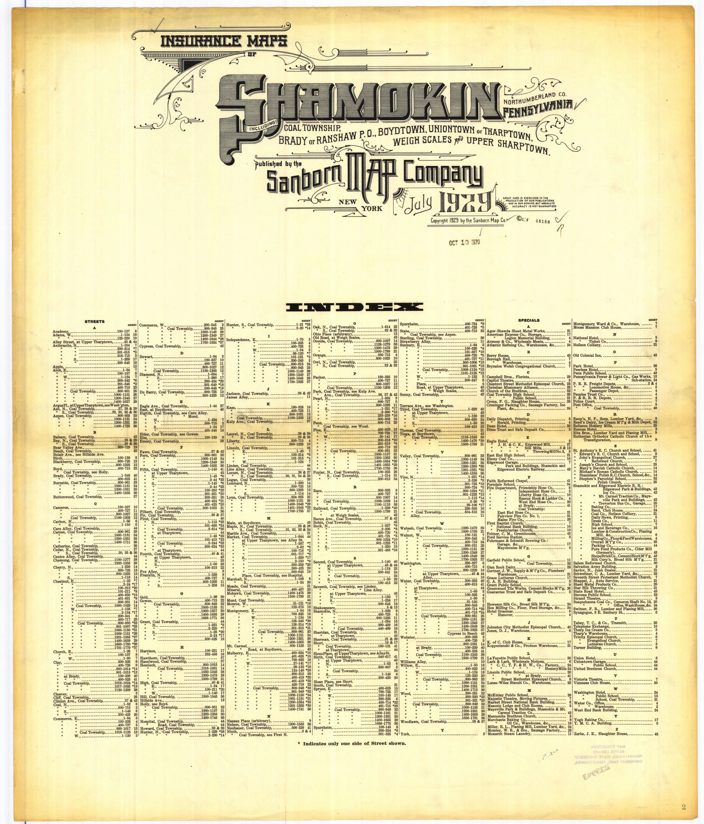 Title and index of the July 1929 Shamokin Sanborn fire-insurance maps; streets, building footprints, and map symbols.
