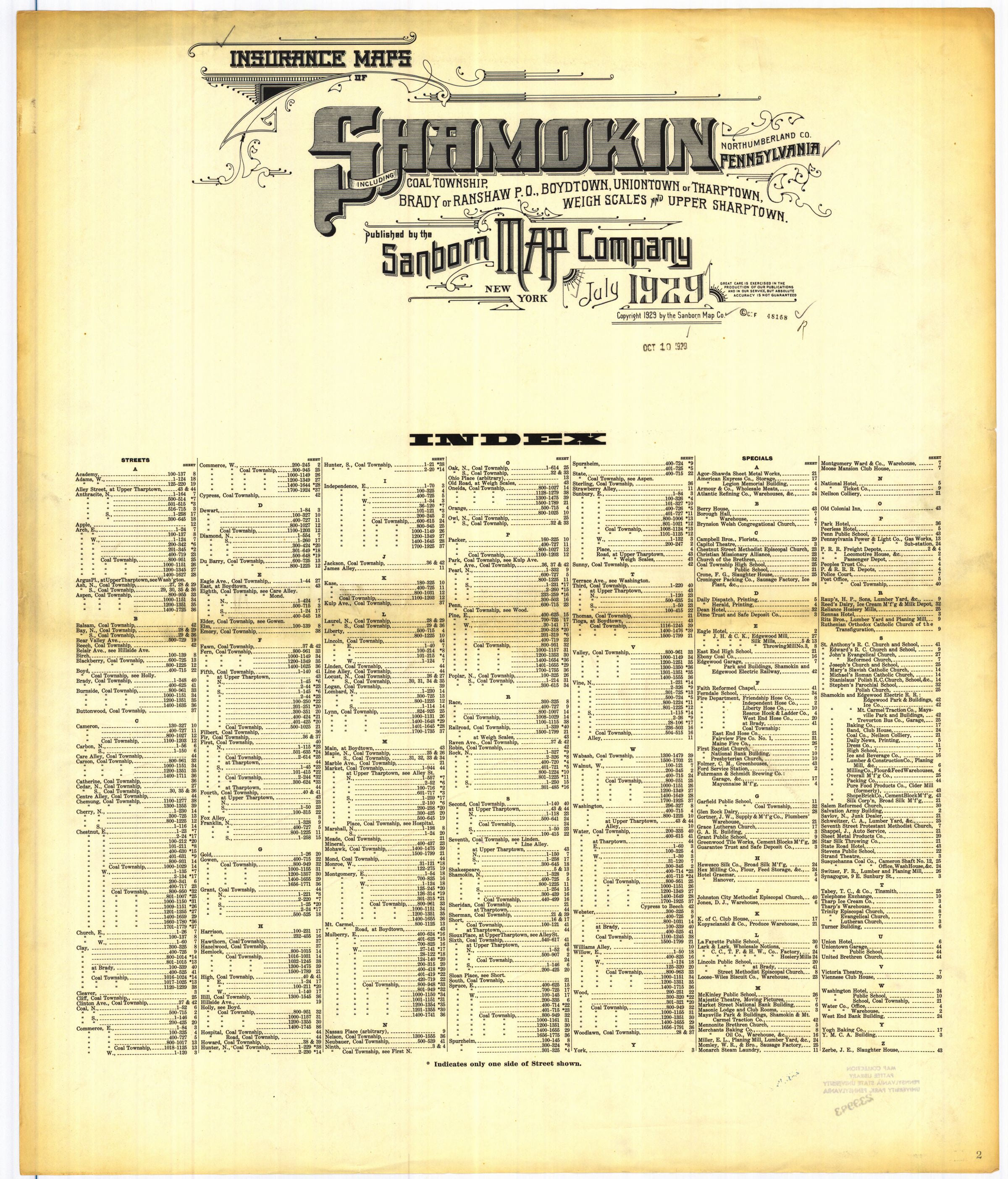 July 1929 Sanborn fire insurance map of Shamokin, Title and index.