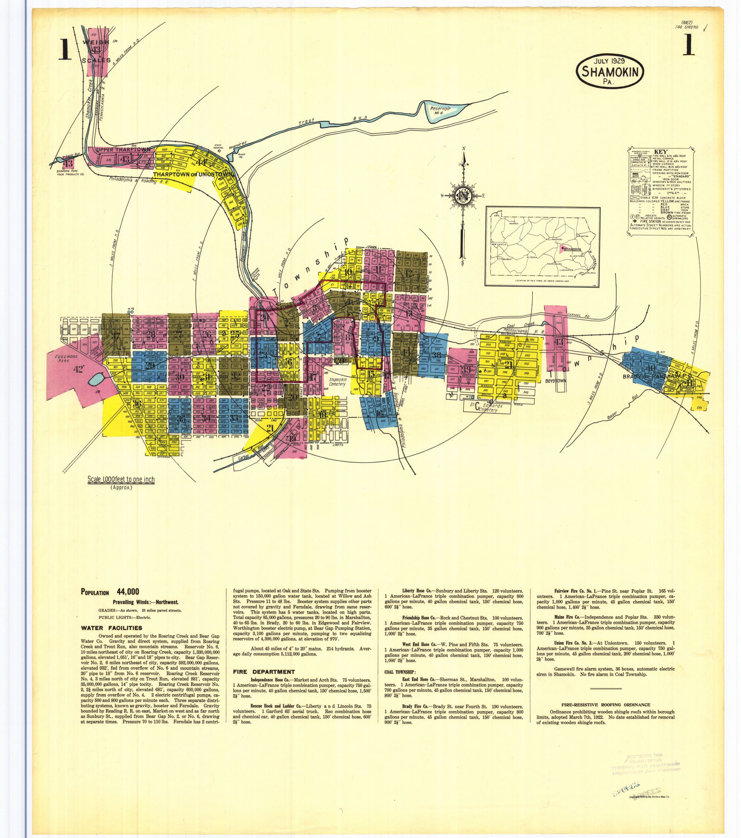 July 1929 Sanborn fire insurance map of Shamokin, Sheet 1.