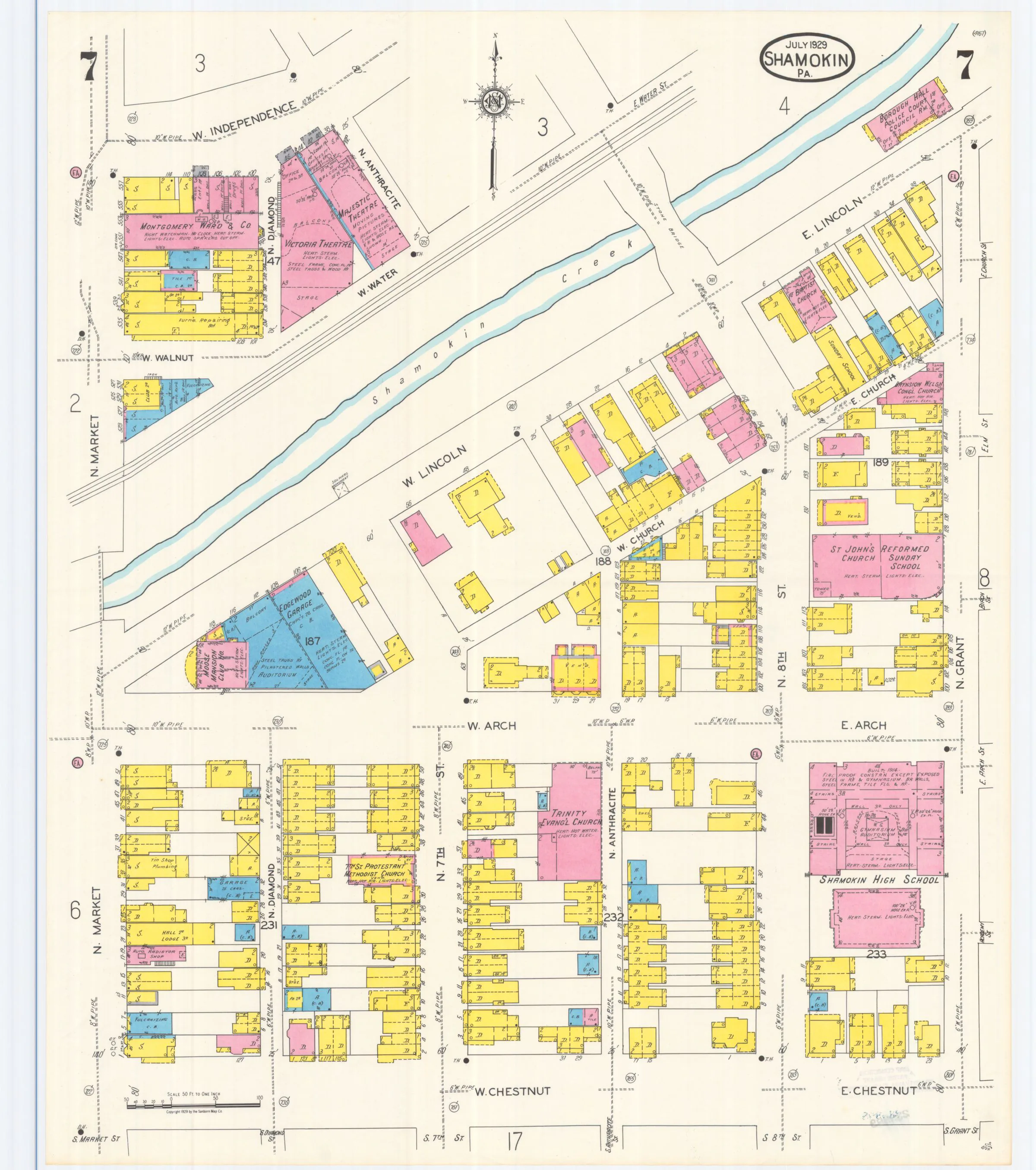Sheet 7 of the July 1929 Shamokin Sanborn fire-insurance maps; streets, building footprints, and map symbols.