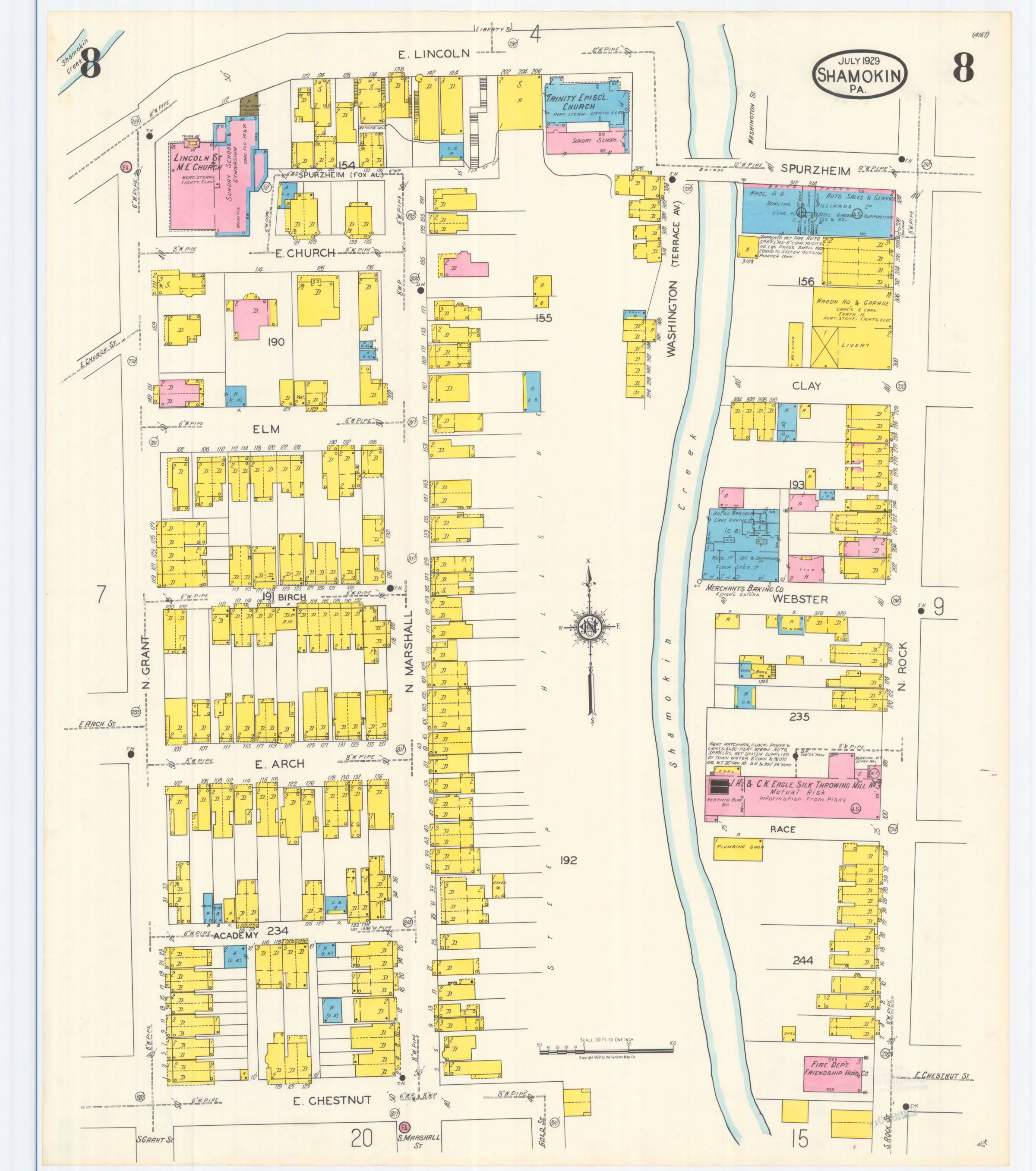 Sheet 8 of the July 1929 Shamokin Sanborn fire-insurance maps; streets, building footprints, and map symbols.