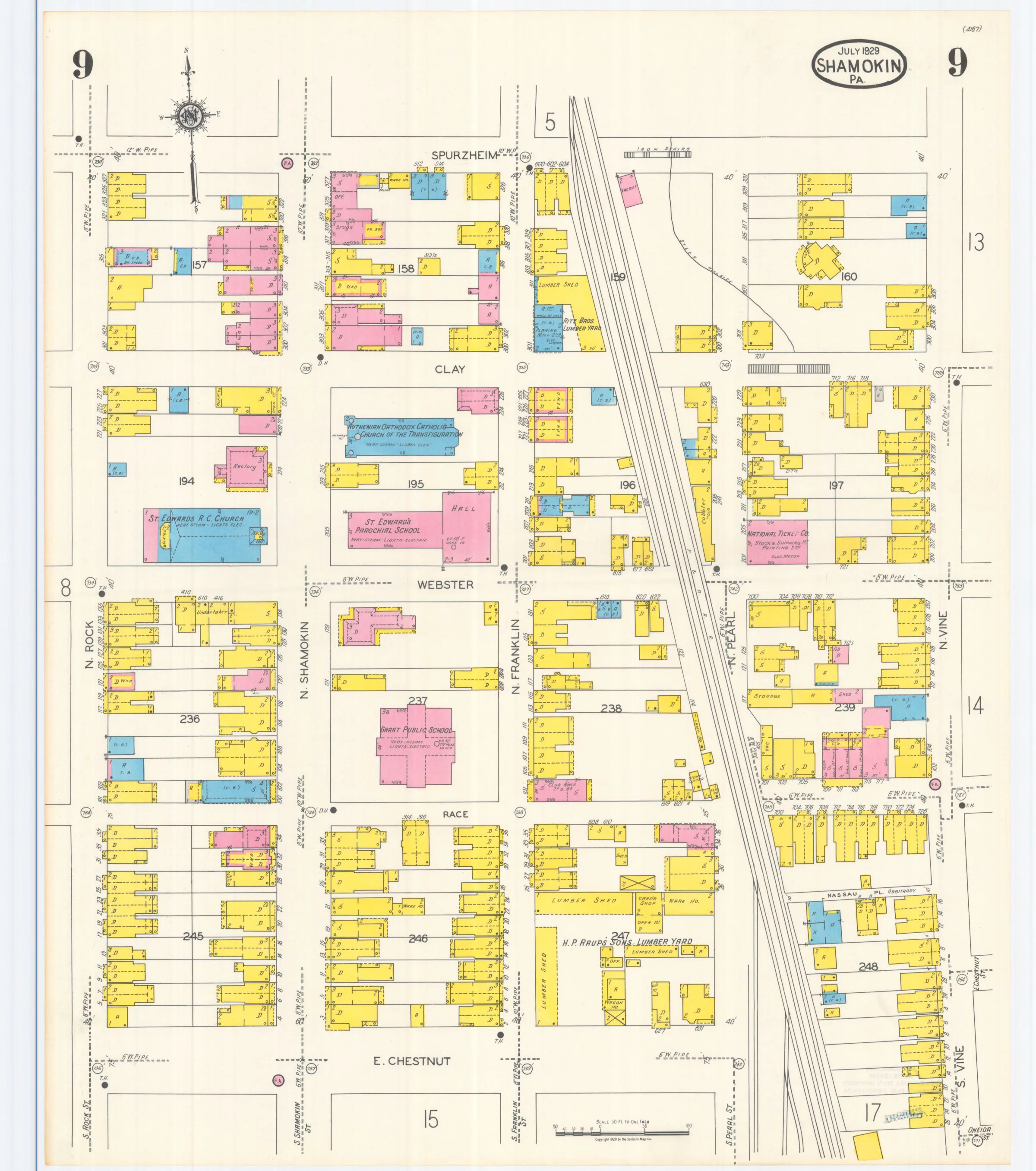 Sheet 9 of the July 1929 Shamokin Sanborn fire-insurance maps; streets, building footprints, and map symbols.