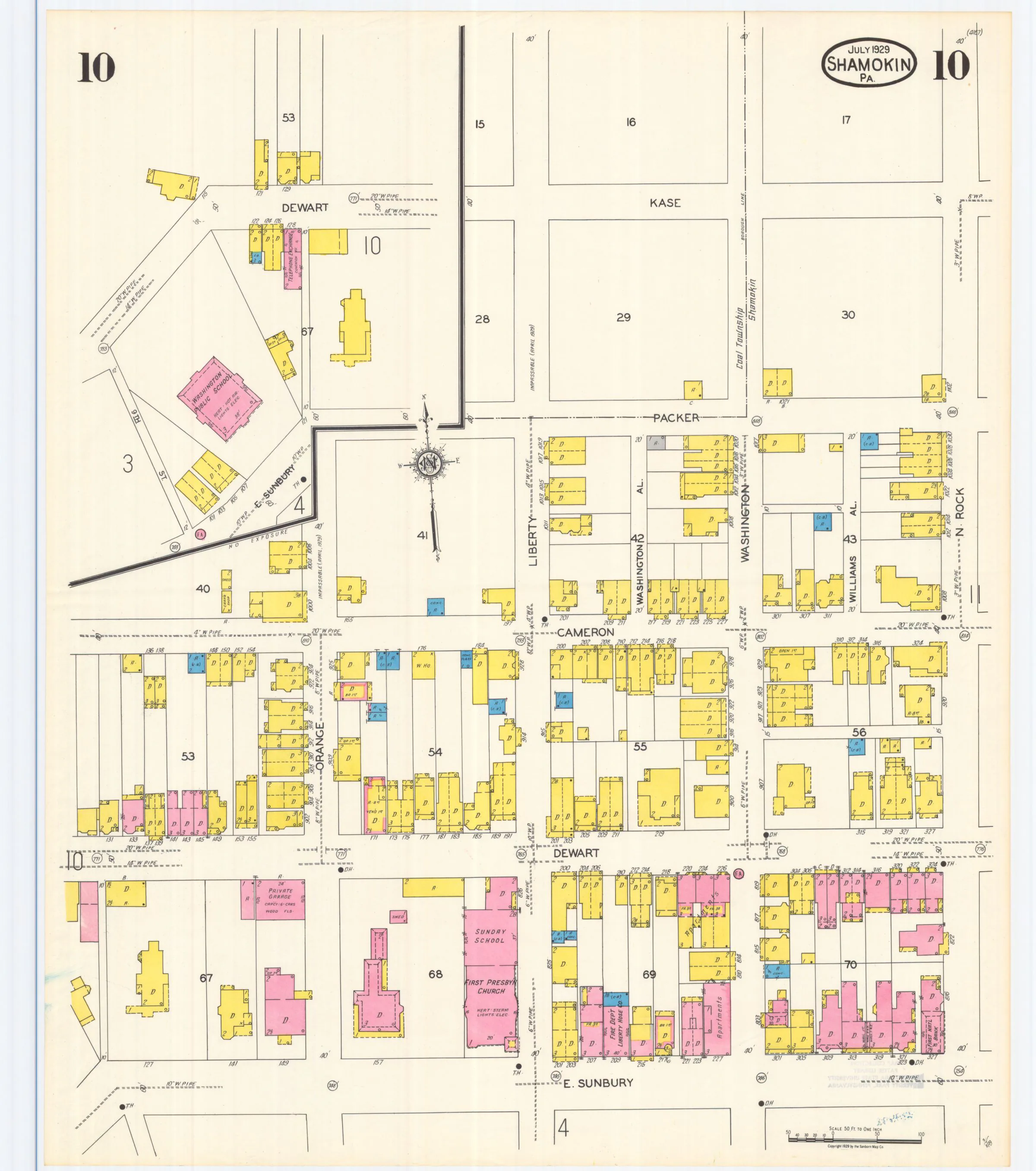 Sheet 10 of the July 1929 Shamokin Sanborn fire-insurance maps; streets, building footprints, and map symbols.