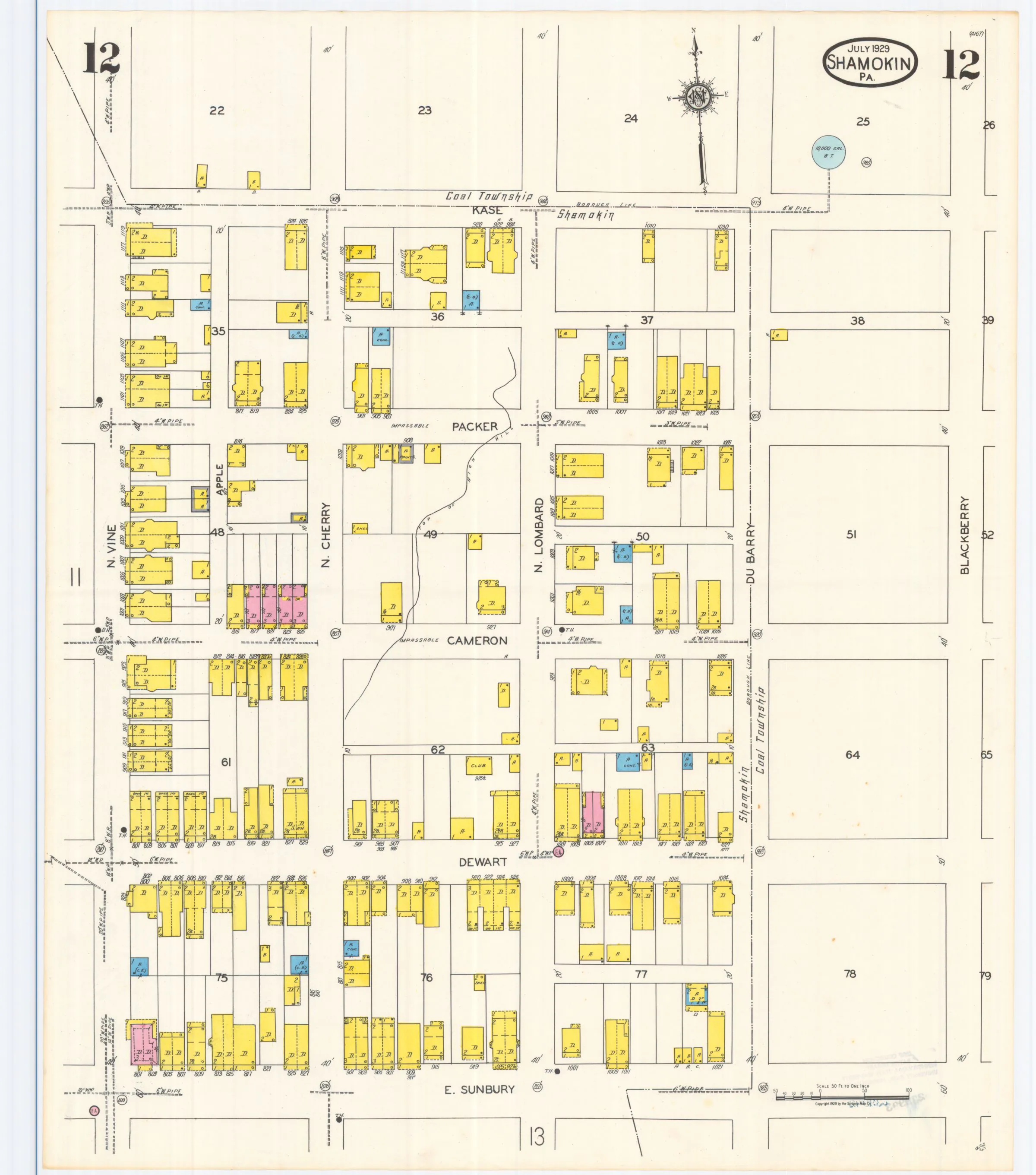 Sheet 12 of the July 1929 Shamokin Sanborn fire-insurance maps; streets, building footprints, and map symbols.