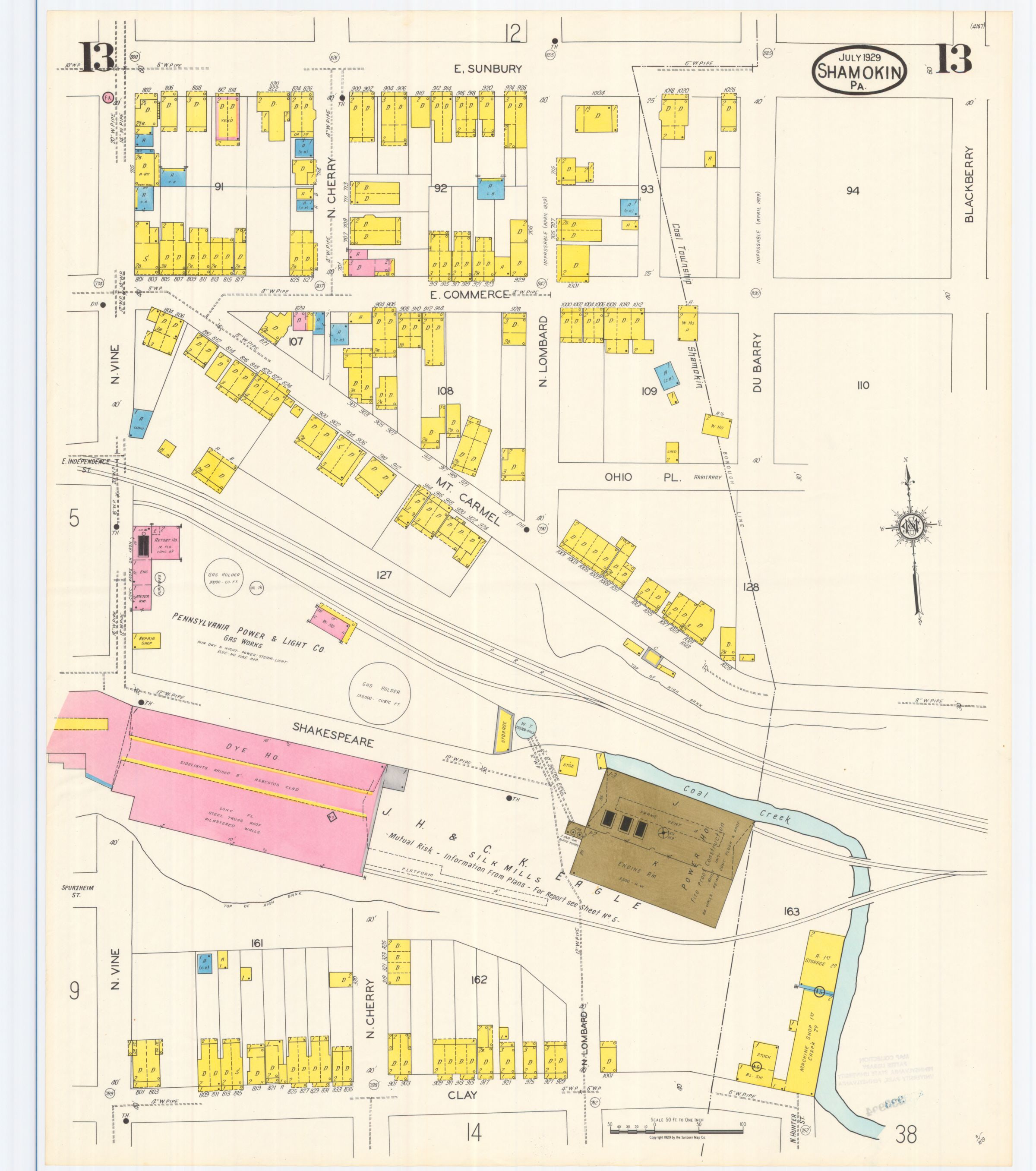 July 1929 Sanborn fire insurance map of Shamokin, Sheet 13.