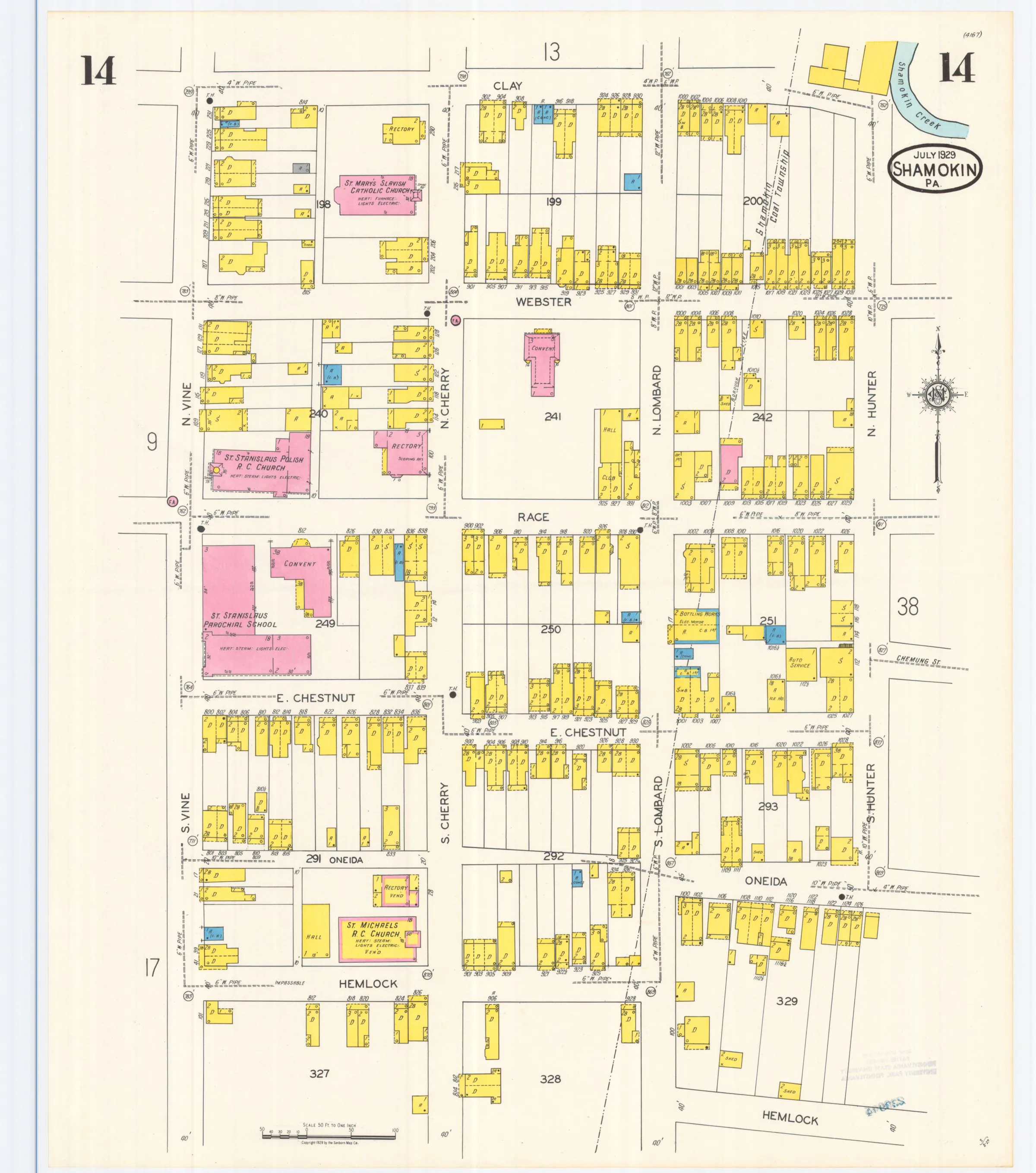 Sheet 14 of the July 1929 Shamokin Sanborn fire-insurance maps; streets, building footprints, and map symbols.