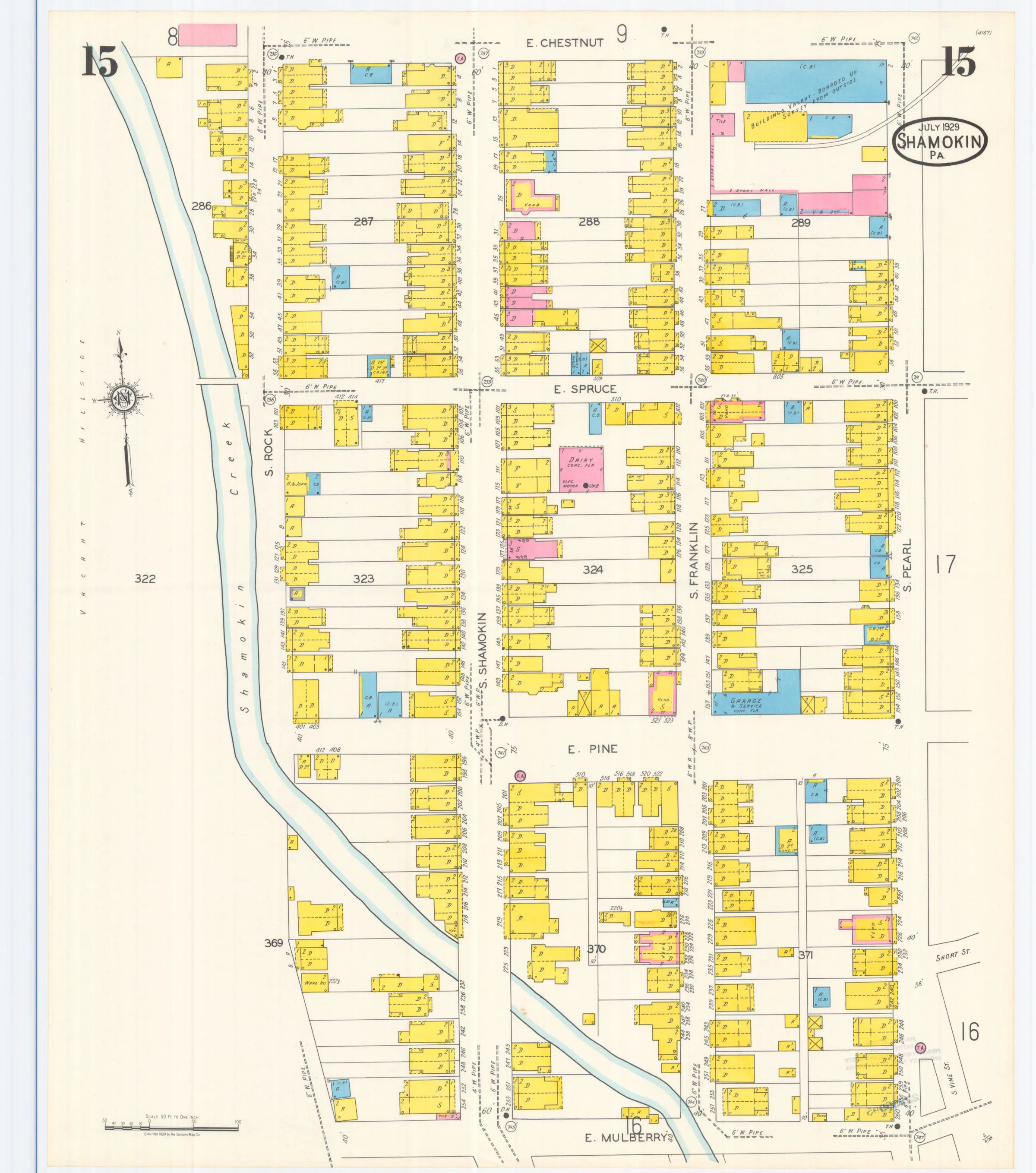 Sheet 15 of the July 1929 Shamokin Sanborn fire-insurance maps; streets, building footprints, and map symbols.