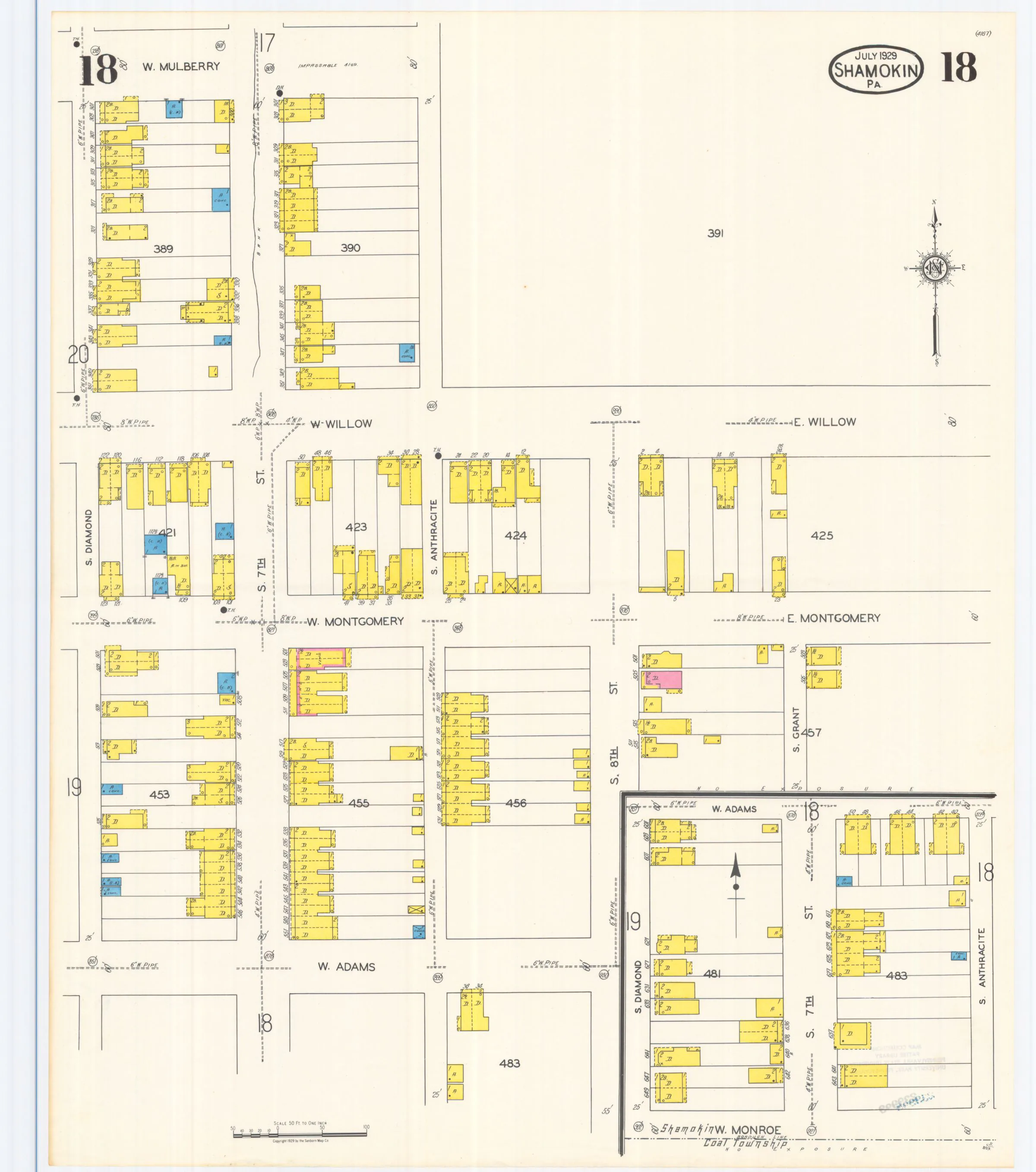 Sheet 18 of the July 1929 Shamokin Sanborn fire-insurance maps; streets, building footprints, and map symbols.