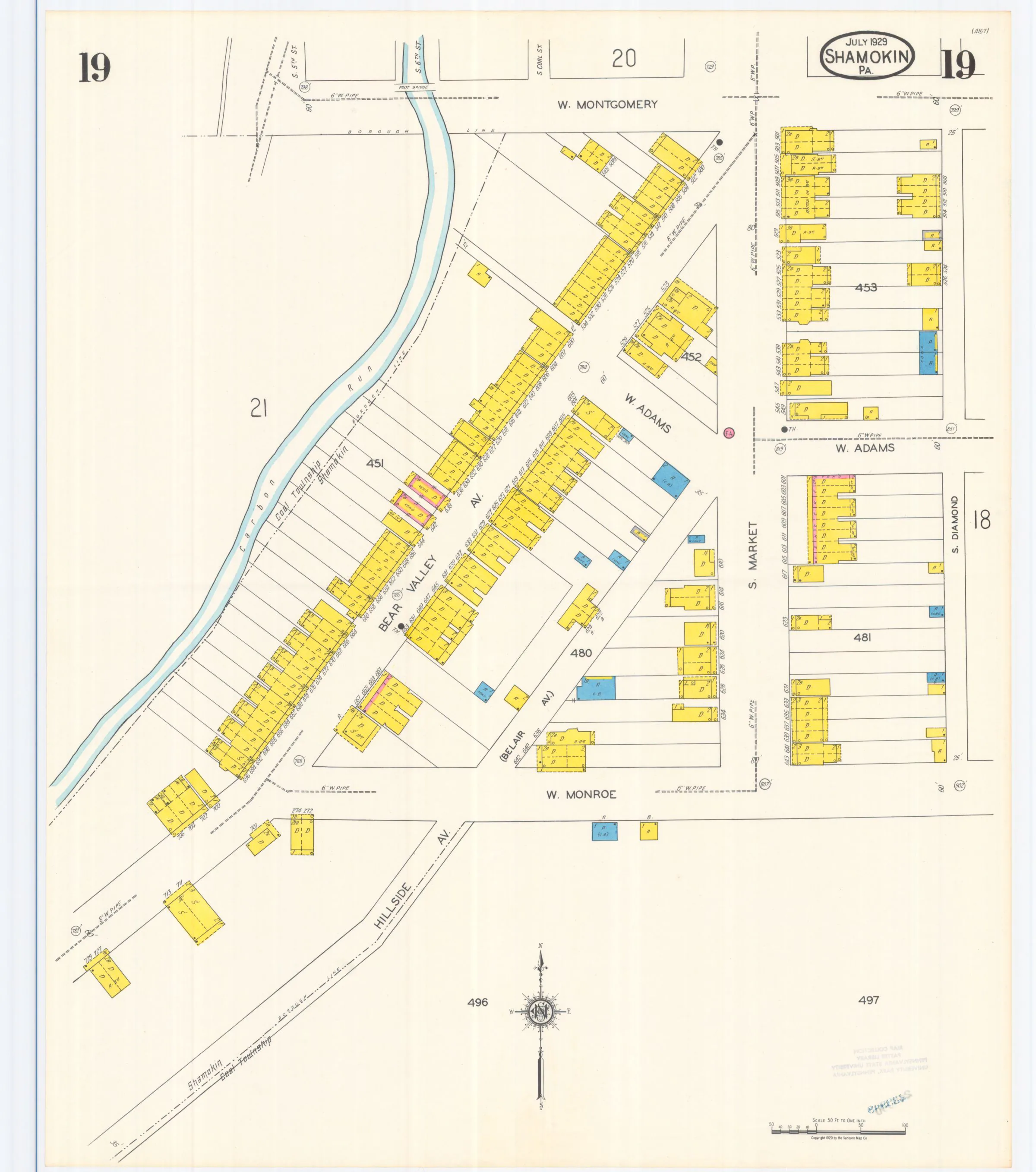 Sheet 19 of the July 1929 Shamokin Sanborn fire-insurance maps; streets, building footprints, and map symbols.