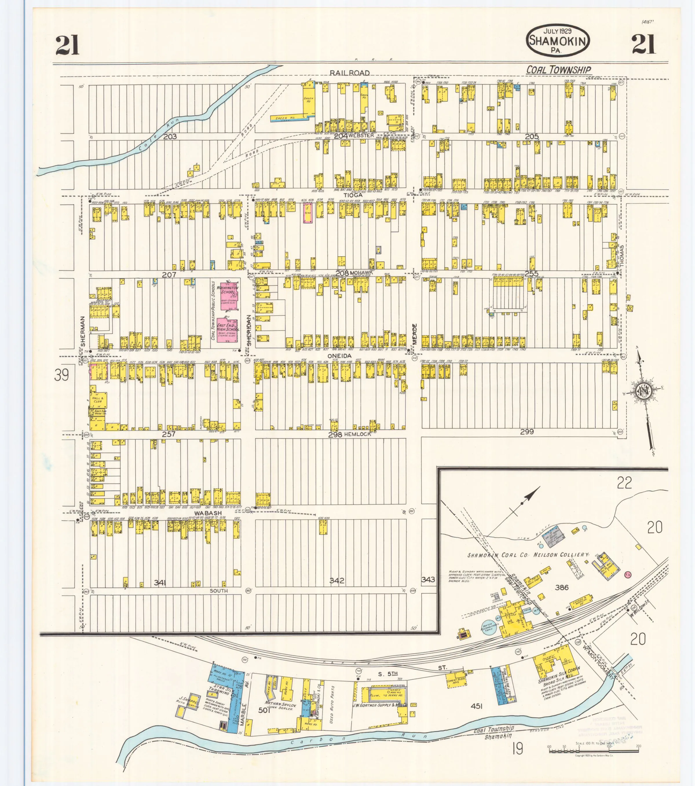 Sheet 21 of the July 1929 Shamokin Sanborn fire-insurance maps; streets, building footprints, and map symbols.