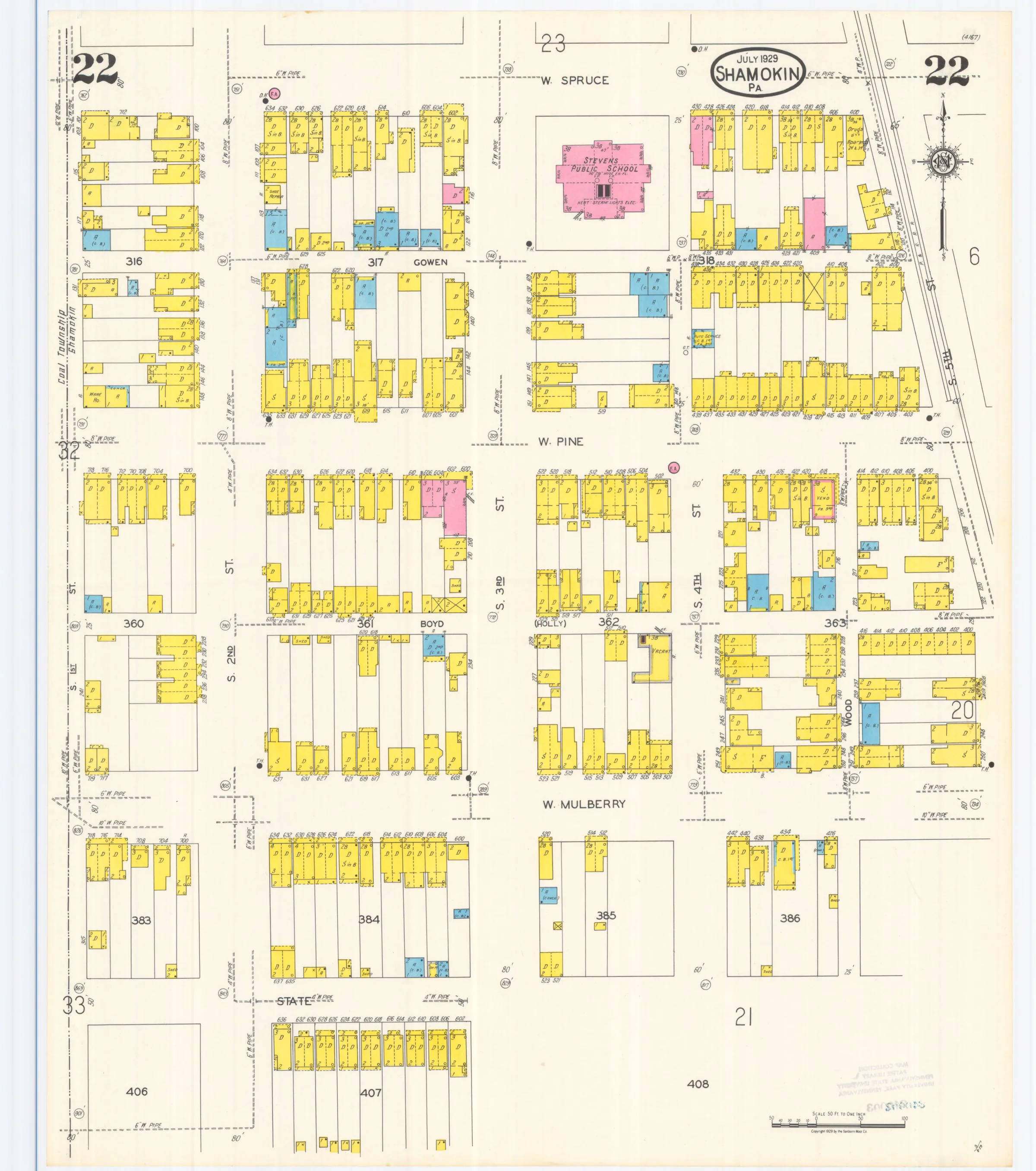 Sheet 22 of the July 1929 Shamokin Sanborn fire-insurance maps; streets, building footprints, and map symbols.