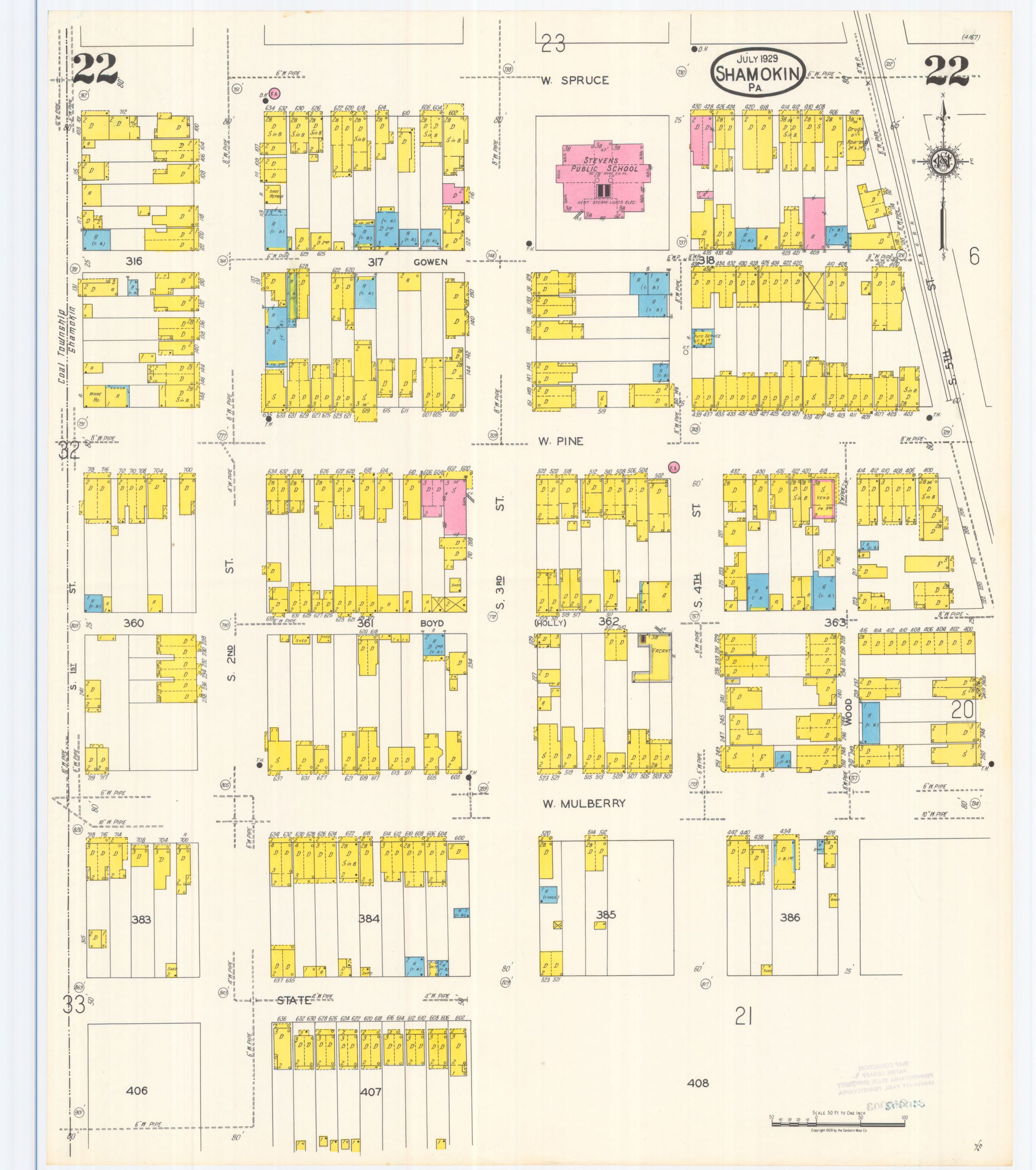 July 1929 Sanborn fire insurance map of Shamokin, Sheet 22.
