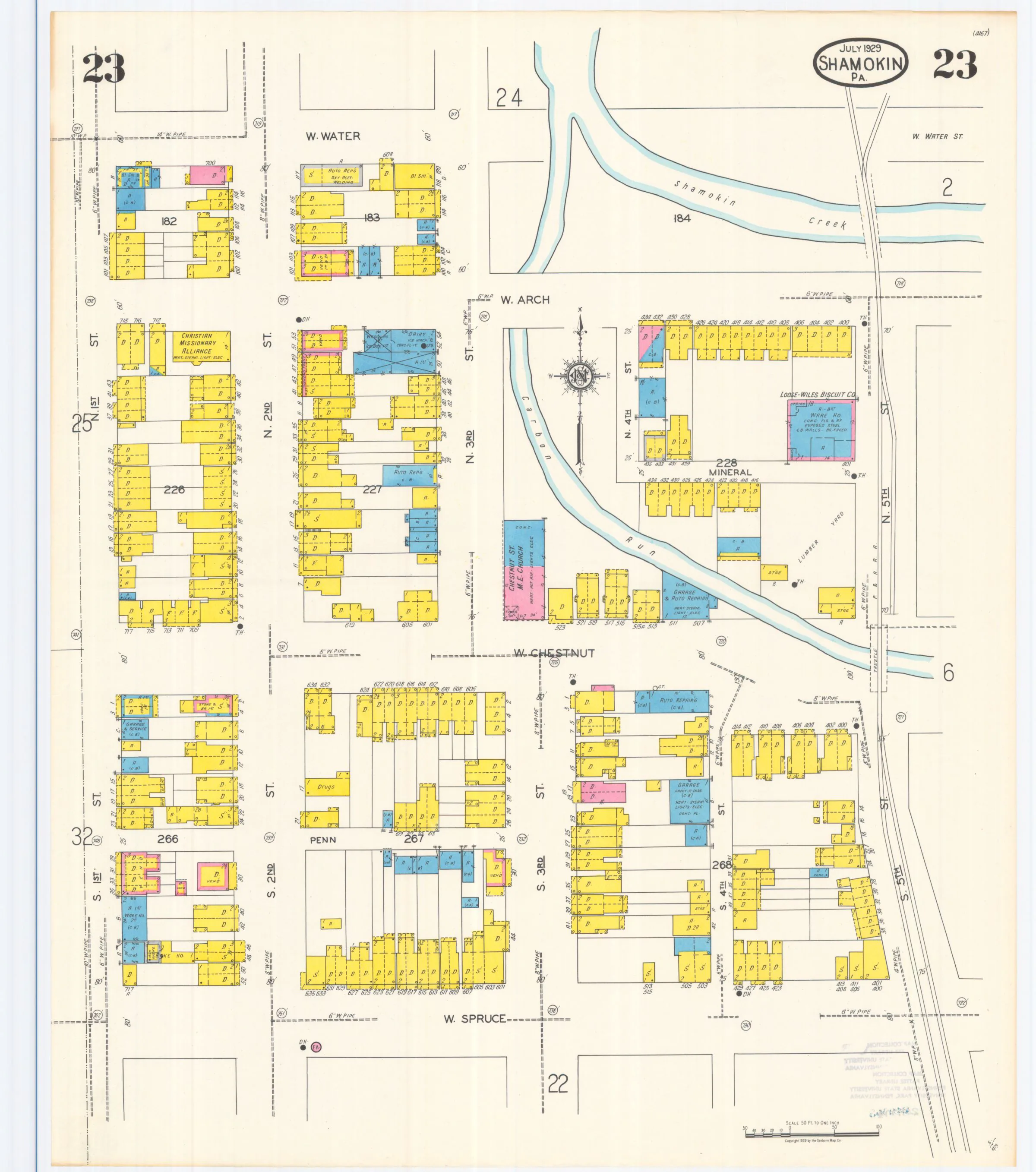 Sheet 23 of the July 1929 Shamokin Sanborn fire-insurance maps; streets, building footprints, and map symbols.