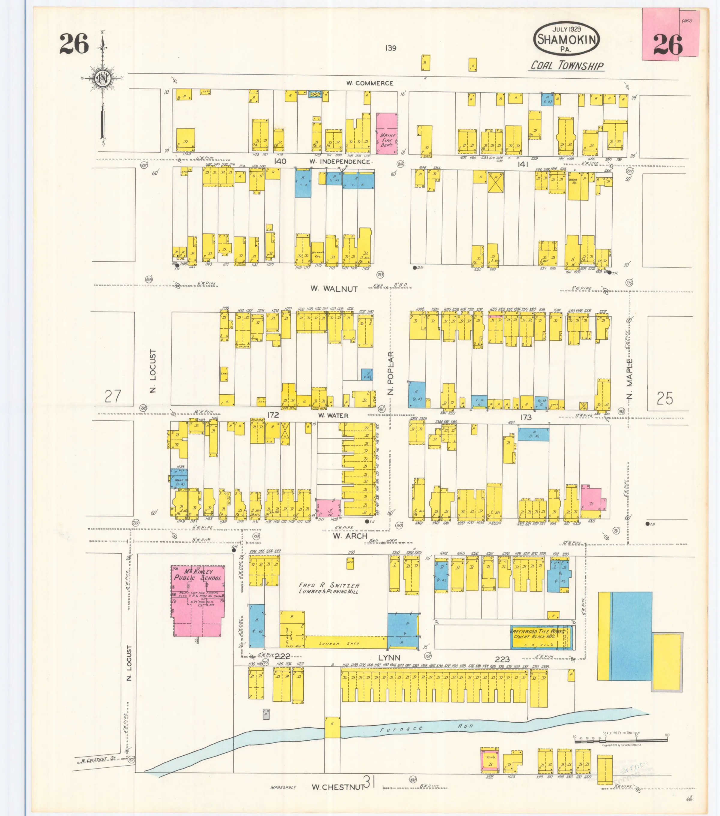 Sheet 26 of the July 1929 Shamokin Sanborn fire-insurance maps; streets, building footprints, and map symbols.