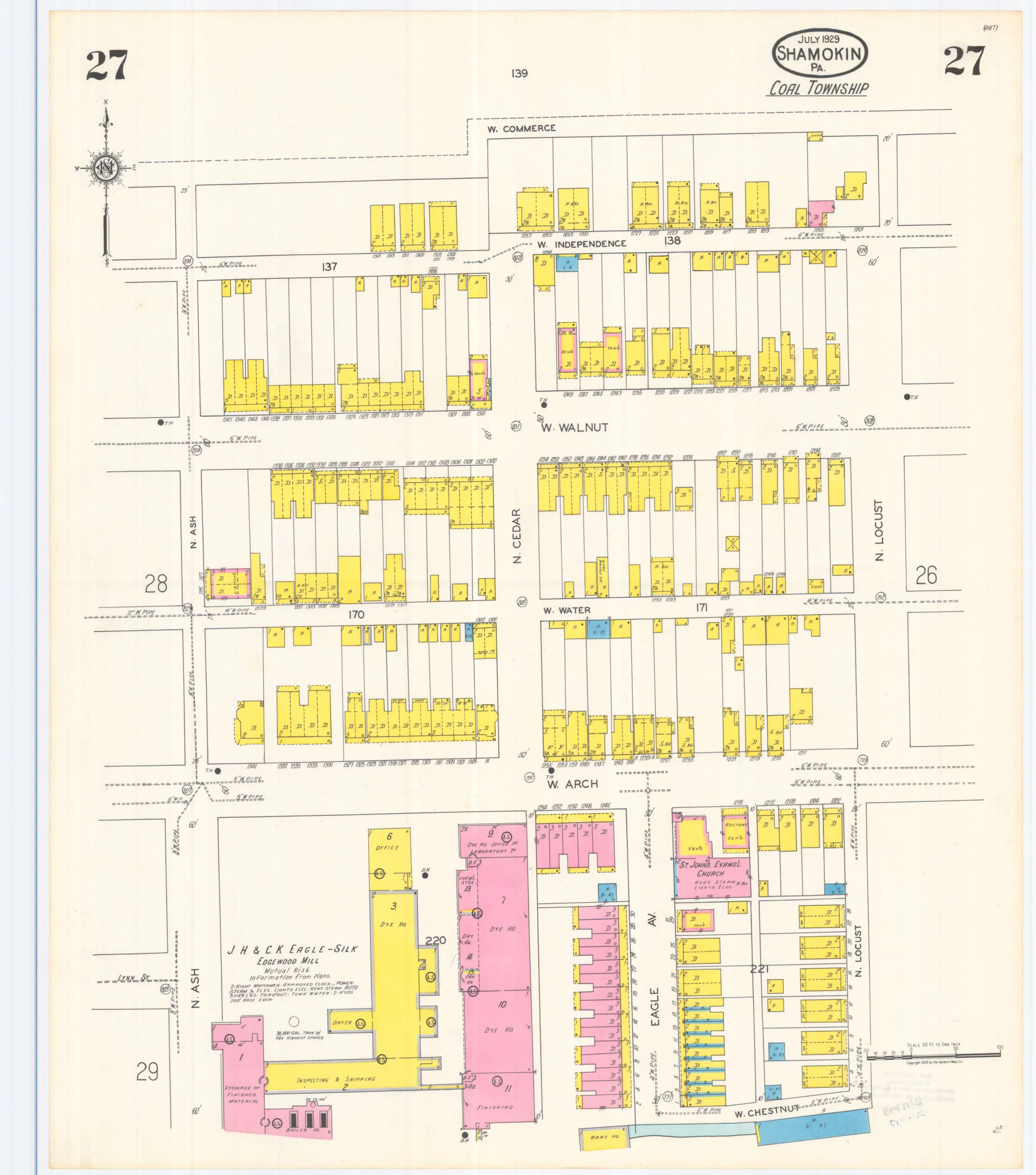 Sheet 27 of the July 1929 Shamokin Sanborn fire-insurance maps; streets, building footprints, and map symbols.