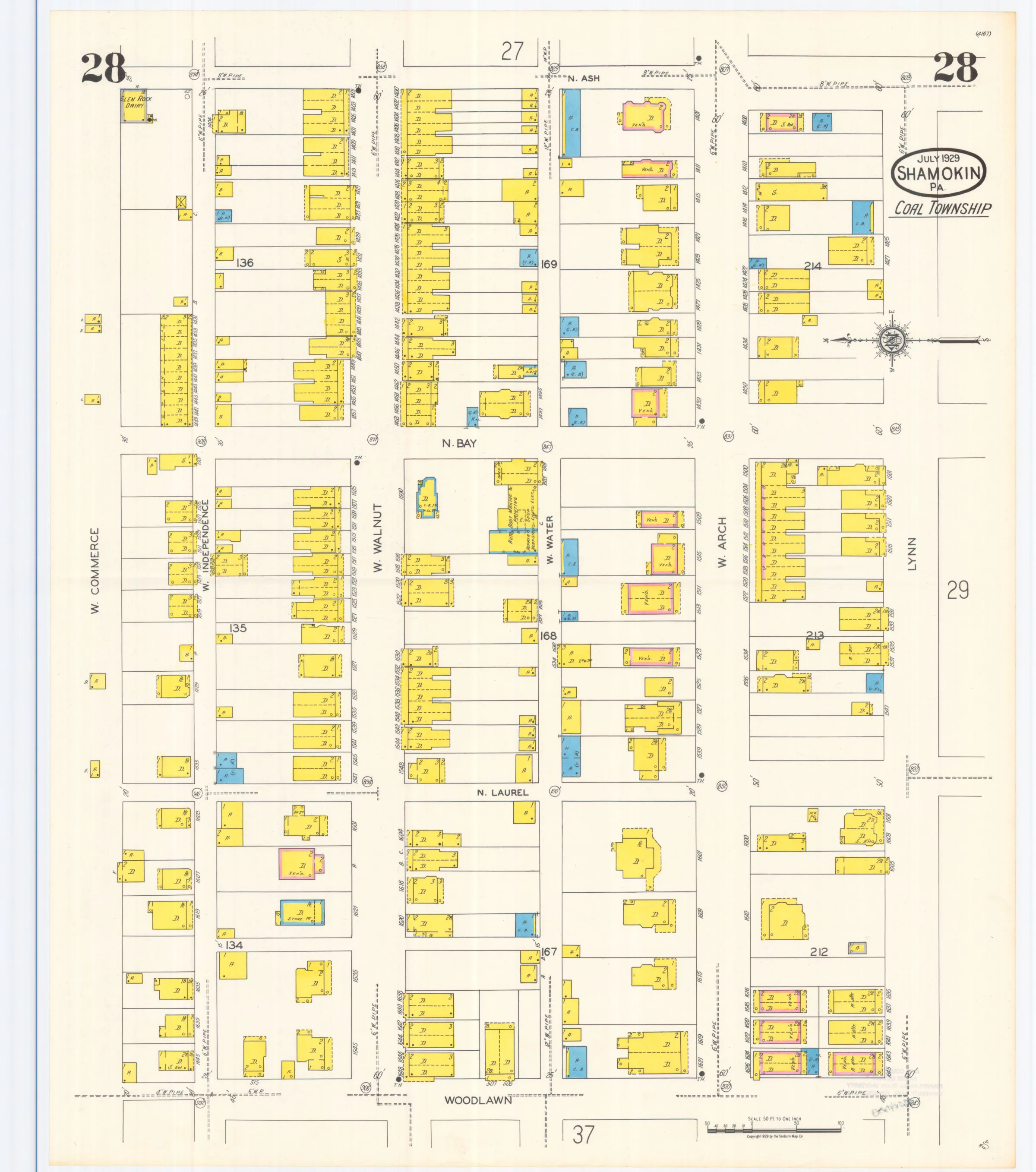 Sheet 28 of the July 1929 Shamokin Sanborn fire-insurance maps; streets, building footprints, and map symbols.
