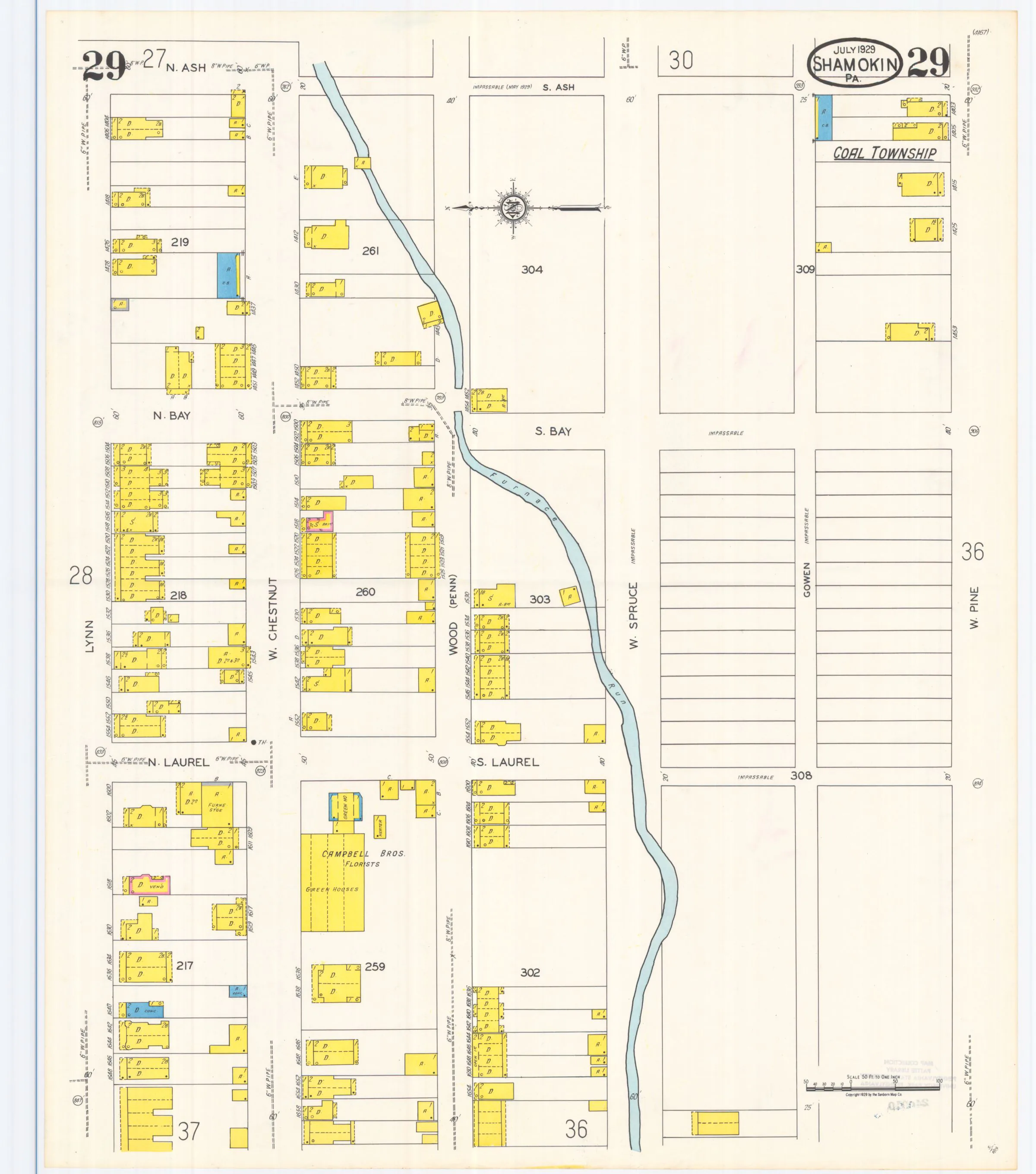 Sheet 29 of the July 1929 Shamokin Sanborn fire-insurance maps; streets, building footprints, and map symbols.