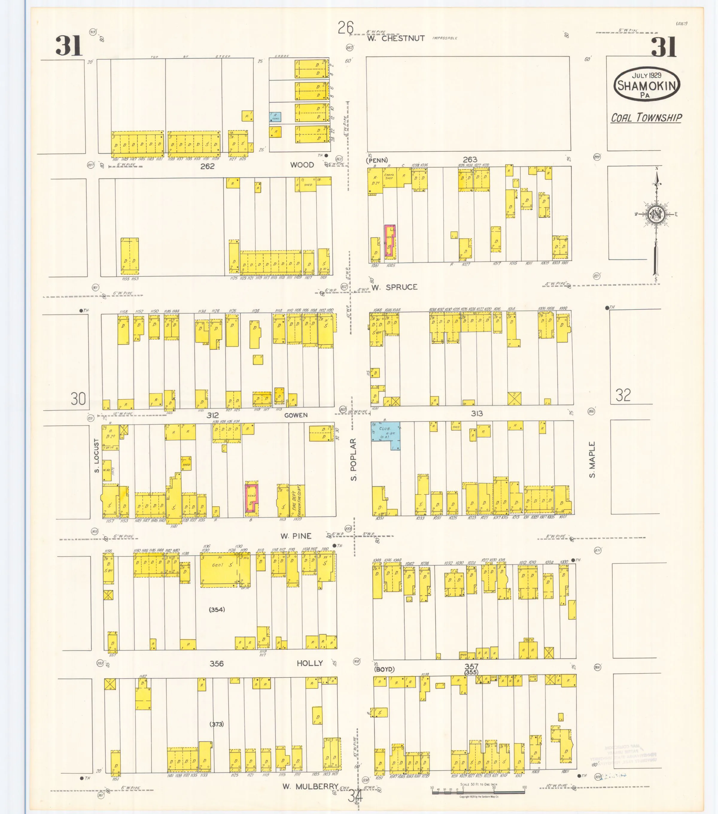 Sheet 31 of the July 1929 Shamokin Sanborn fire-insurance maps; streets, building footprints, and map symbols.