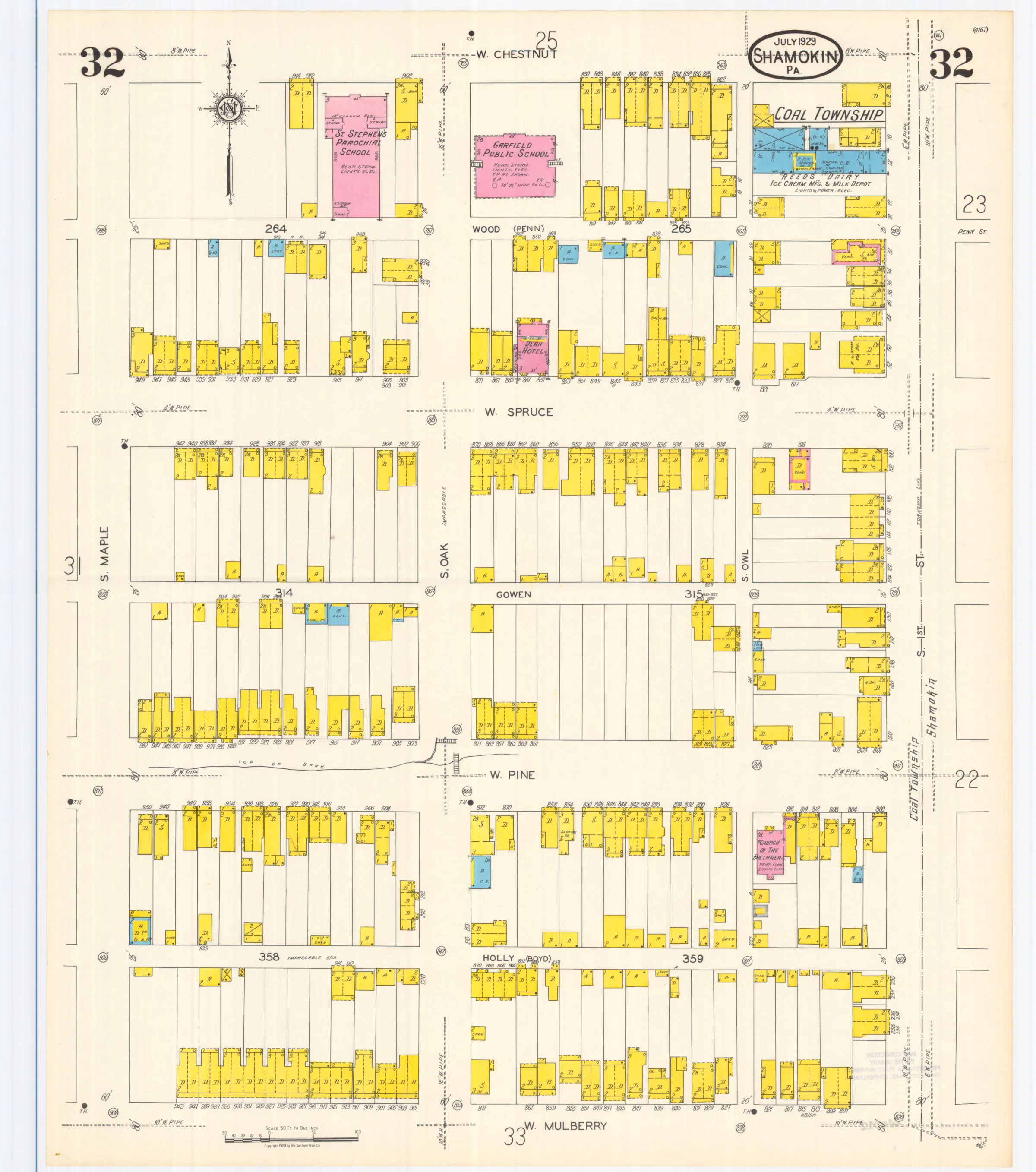 Sheet 32 of the July 1929 Shamokin Sanborn fire-insurance maps; streets, building footprints, and map symbols.