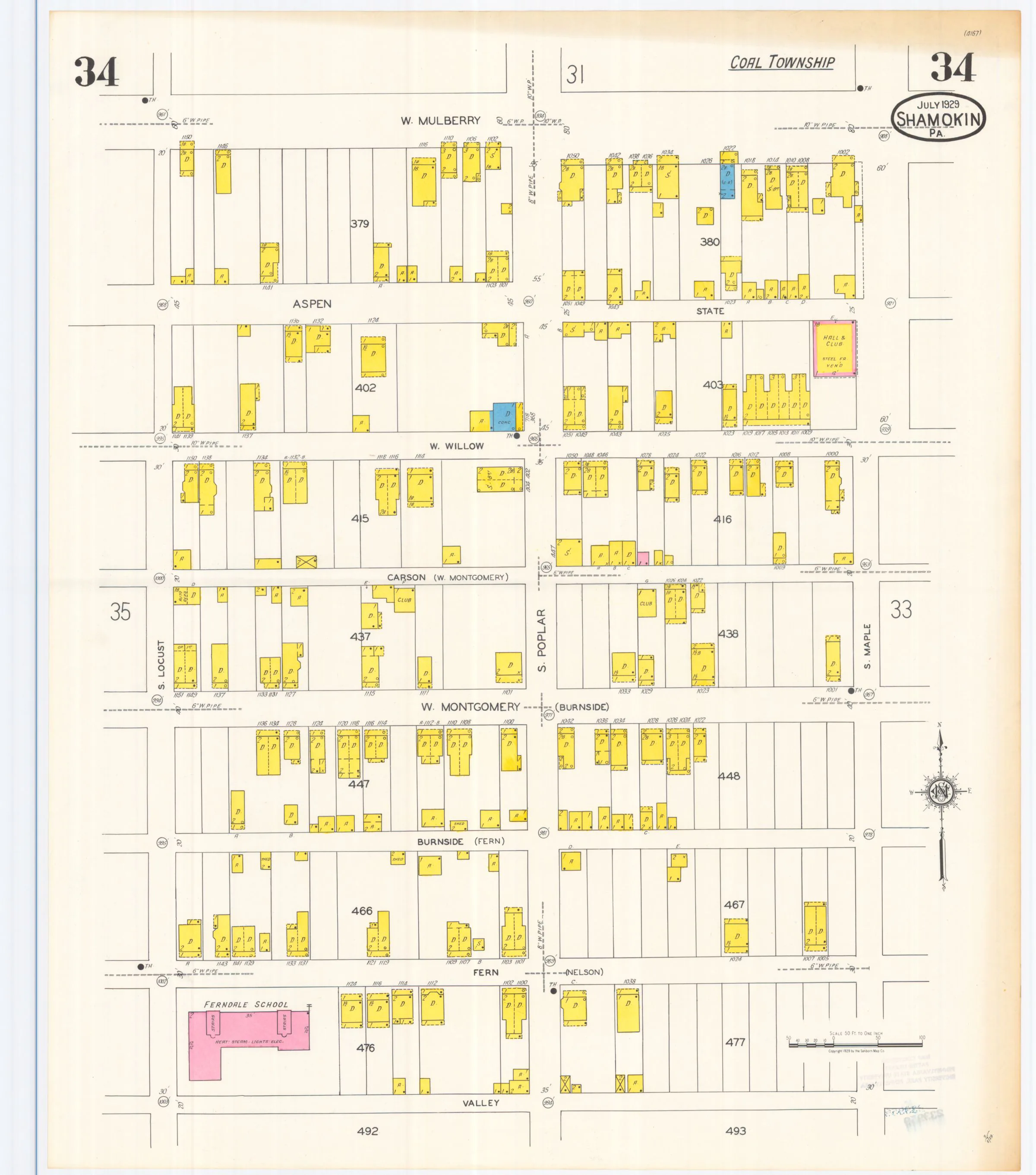 Sheet 34 of the July 1929 Shamokin Sanborn fire-insurance maps; streets, building footprints, and map symbols.