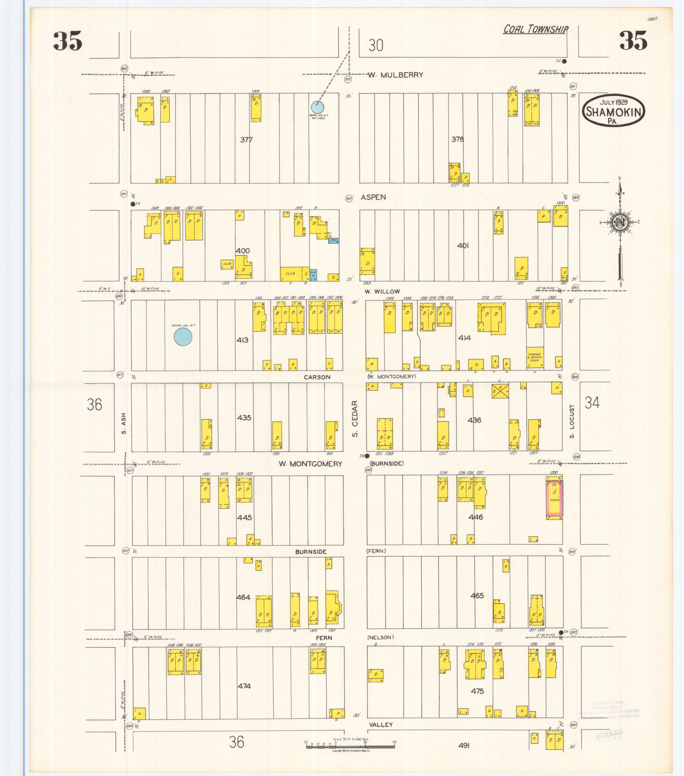 July 1929 Sanborn fire insurance map of Shamokin, Sheet 35.
