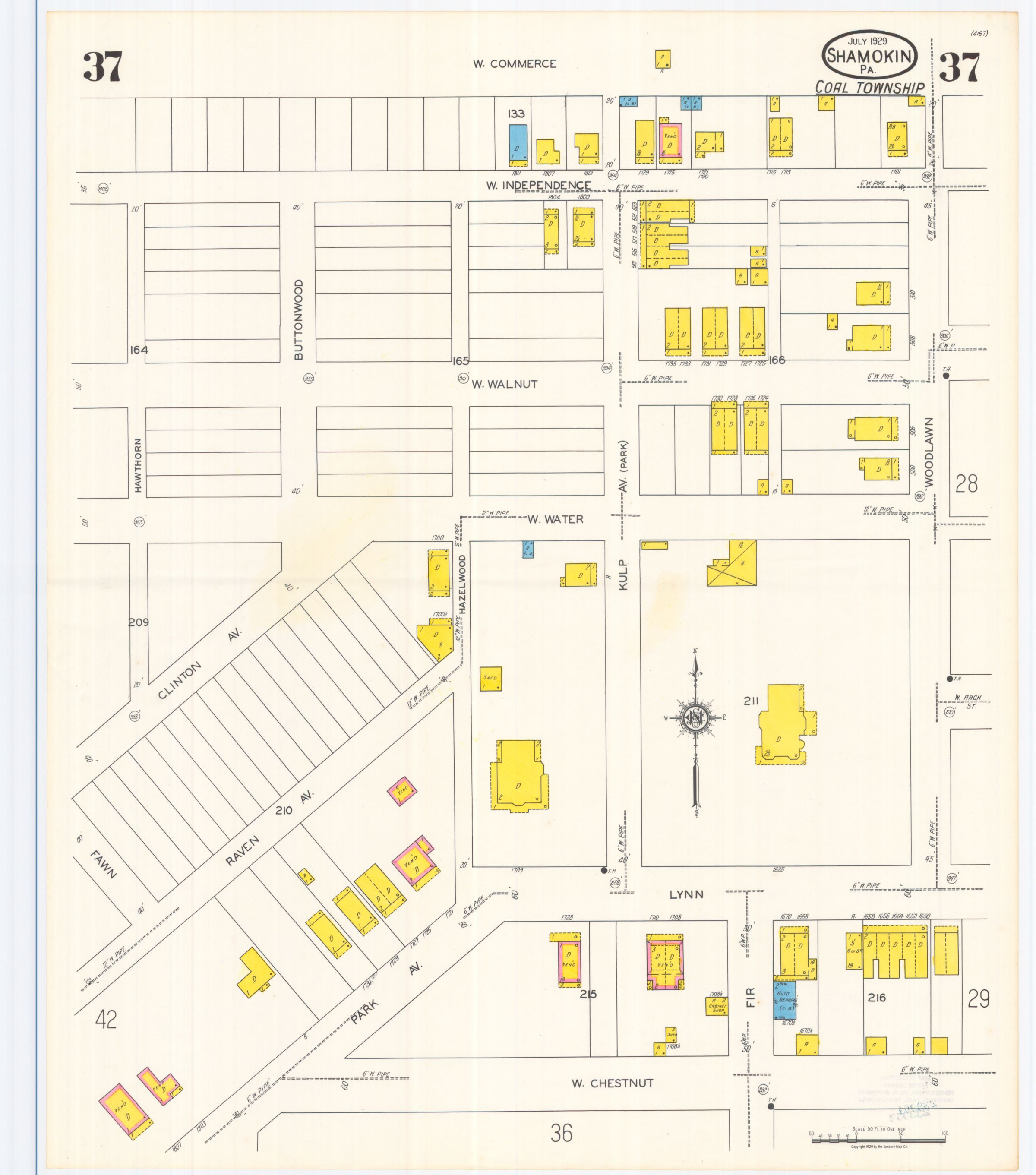July 1929 Sanborn fire insurance map of Shamokin, Sheet 37.