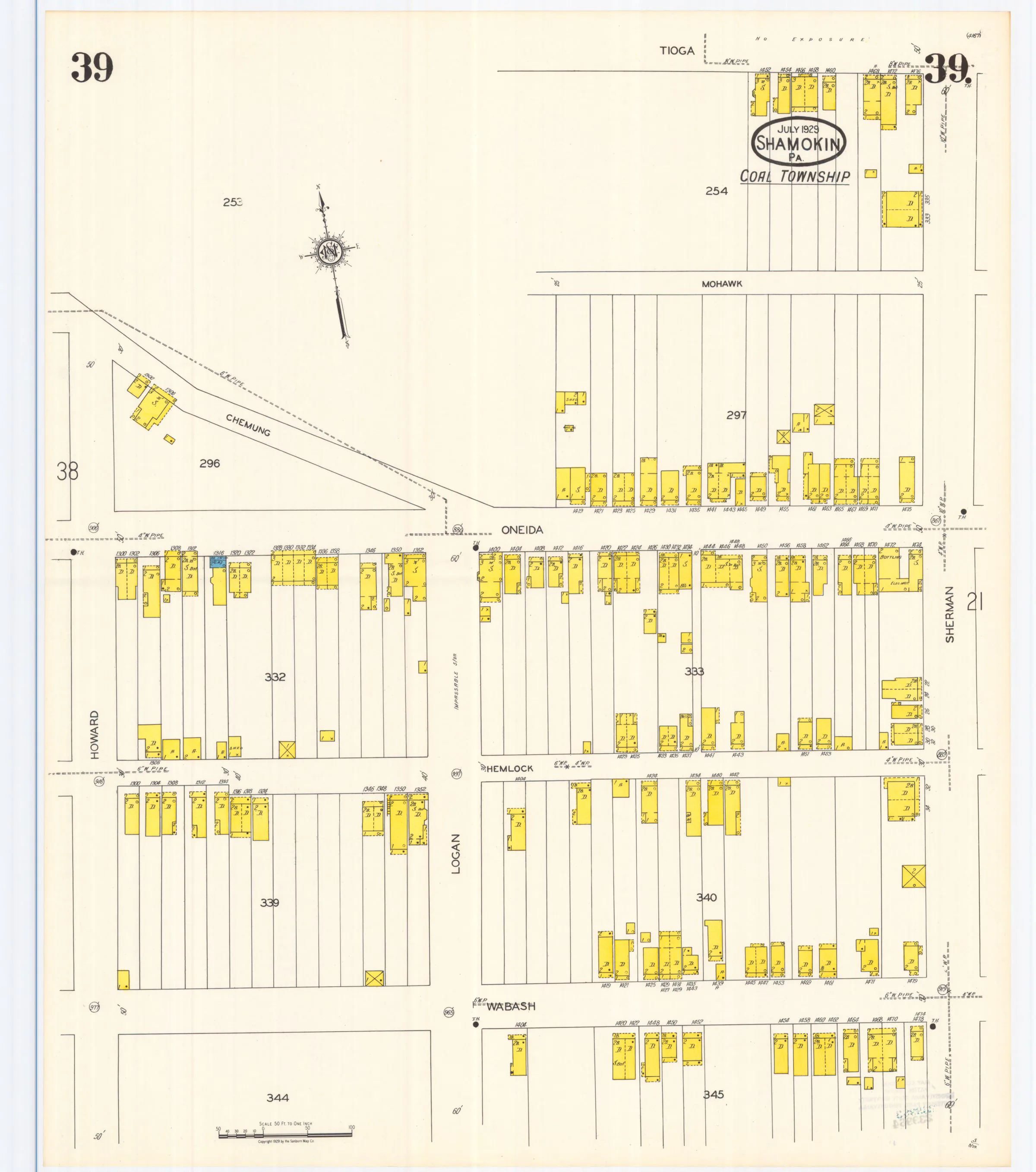 Sheet 39 of the July 1929 Shamokin Sanborn fire-insurance maps; streets, building footprints, and map symbols.