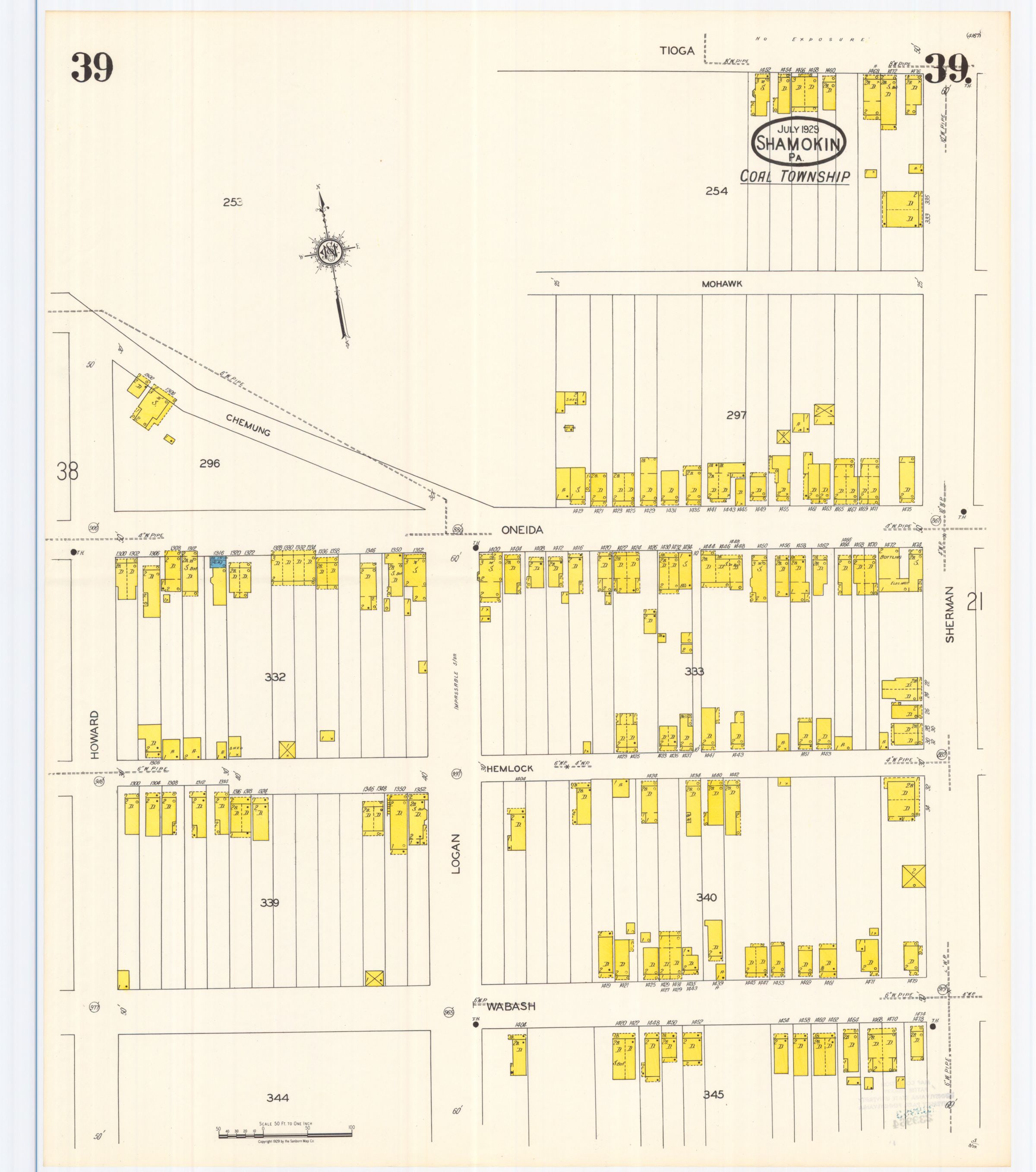July 1929 Sanborn fire insurance map of Shamokin, Sheet 39.