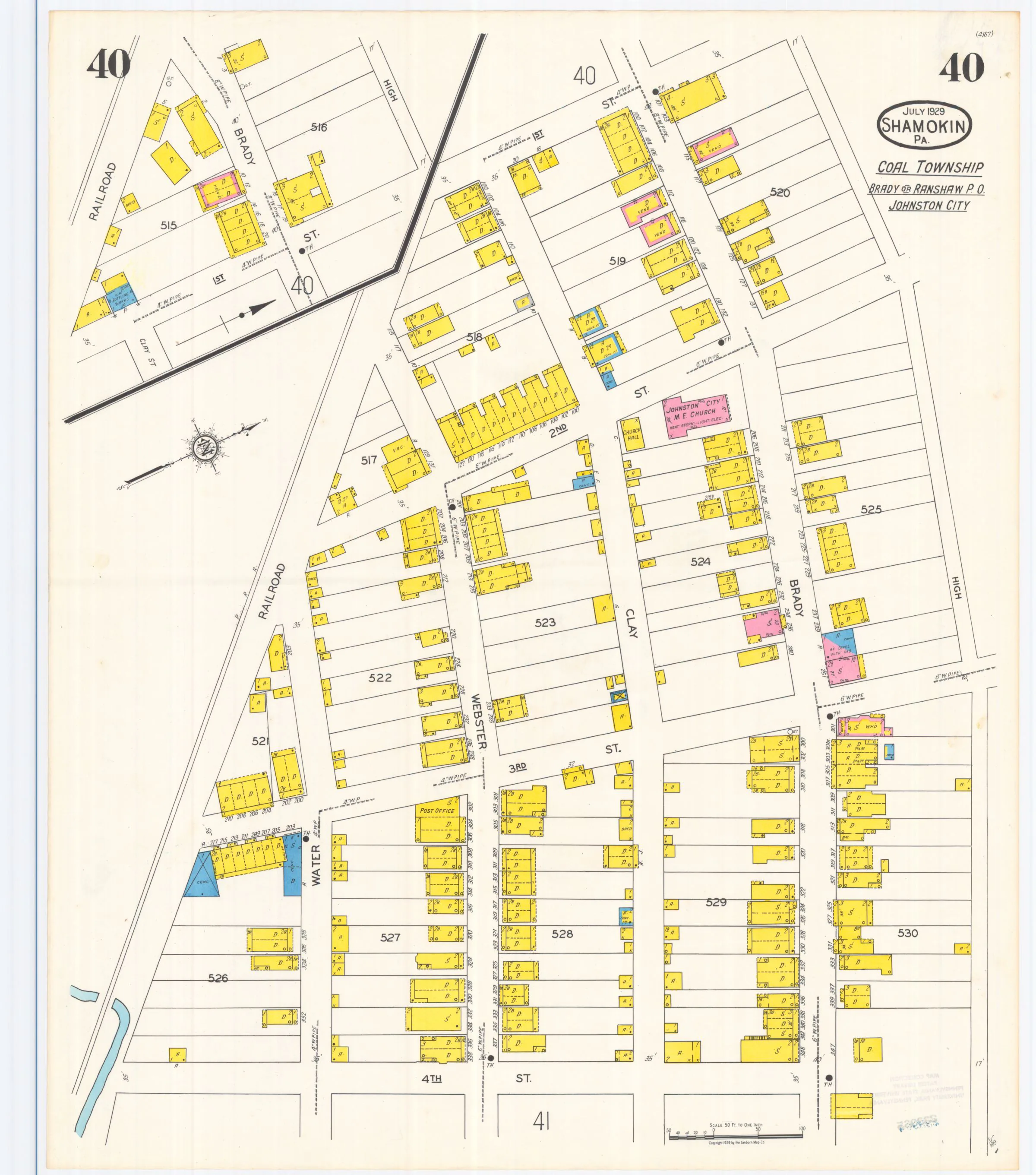 Sheet 40 of the July 1929 Shamokin Sanborn fire-insurance maps; streets, building footprints, and map symbols.