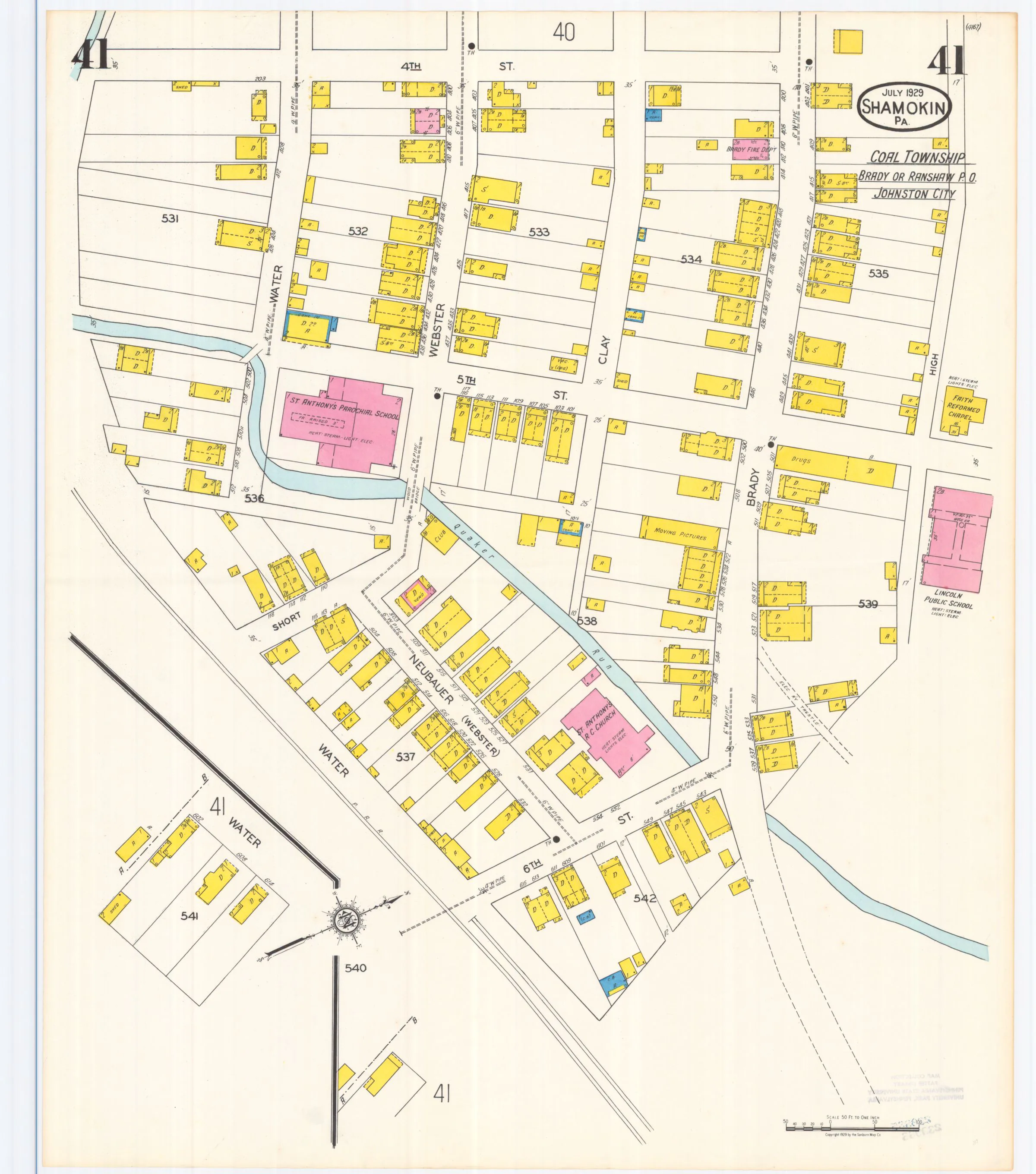 Sheet 41 of the July 1929 Shamokin Sanborn fire-insurance maps; streets, building footprints, and map symbols.
