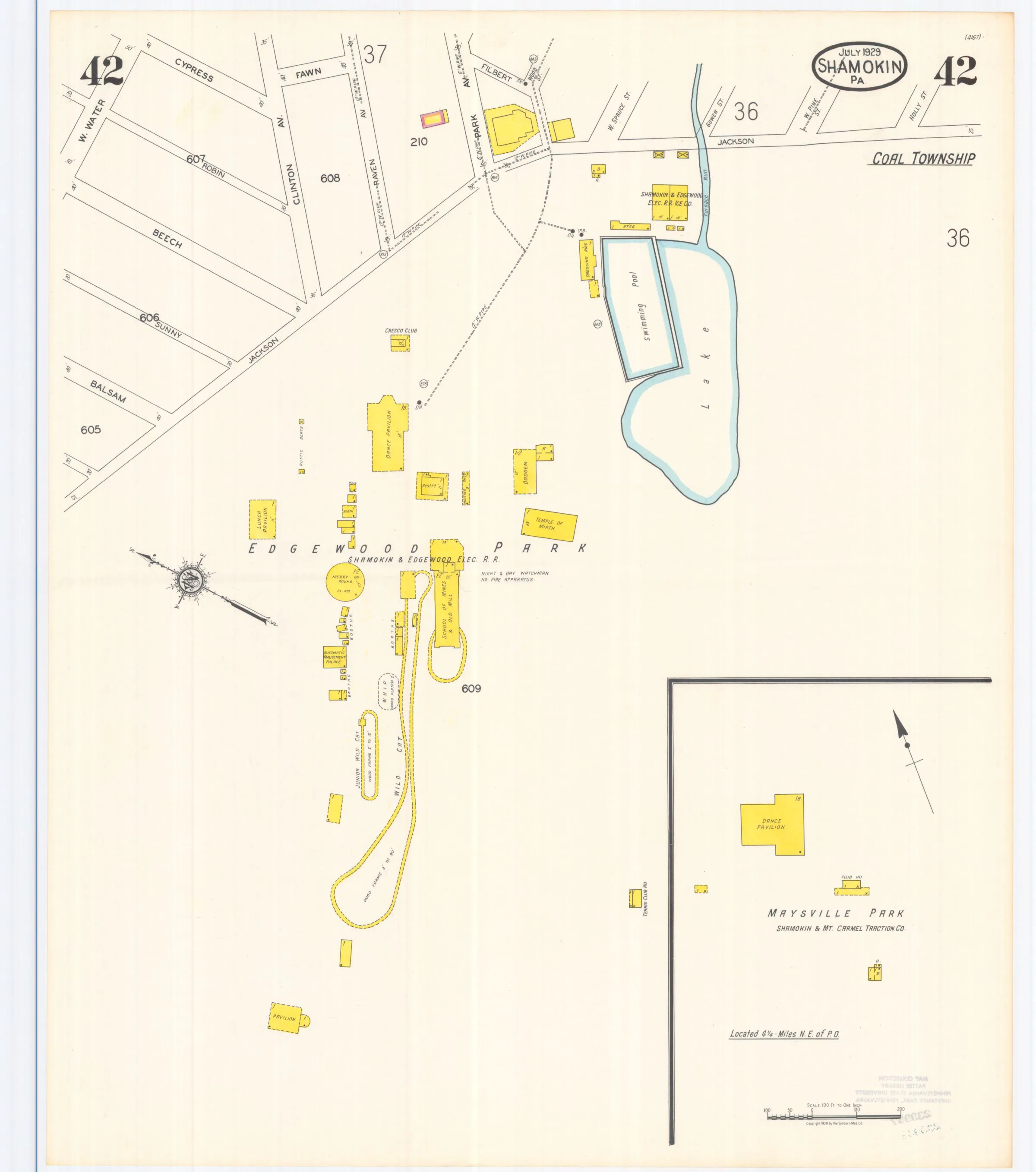 Sheet 42 of the July 1929 Shamokin Sanborn fire-insurance maps; streets, building footprints, and map symbols.