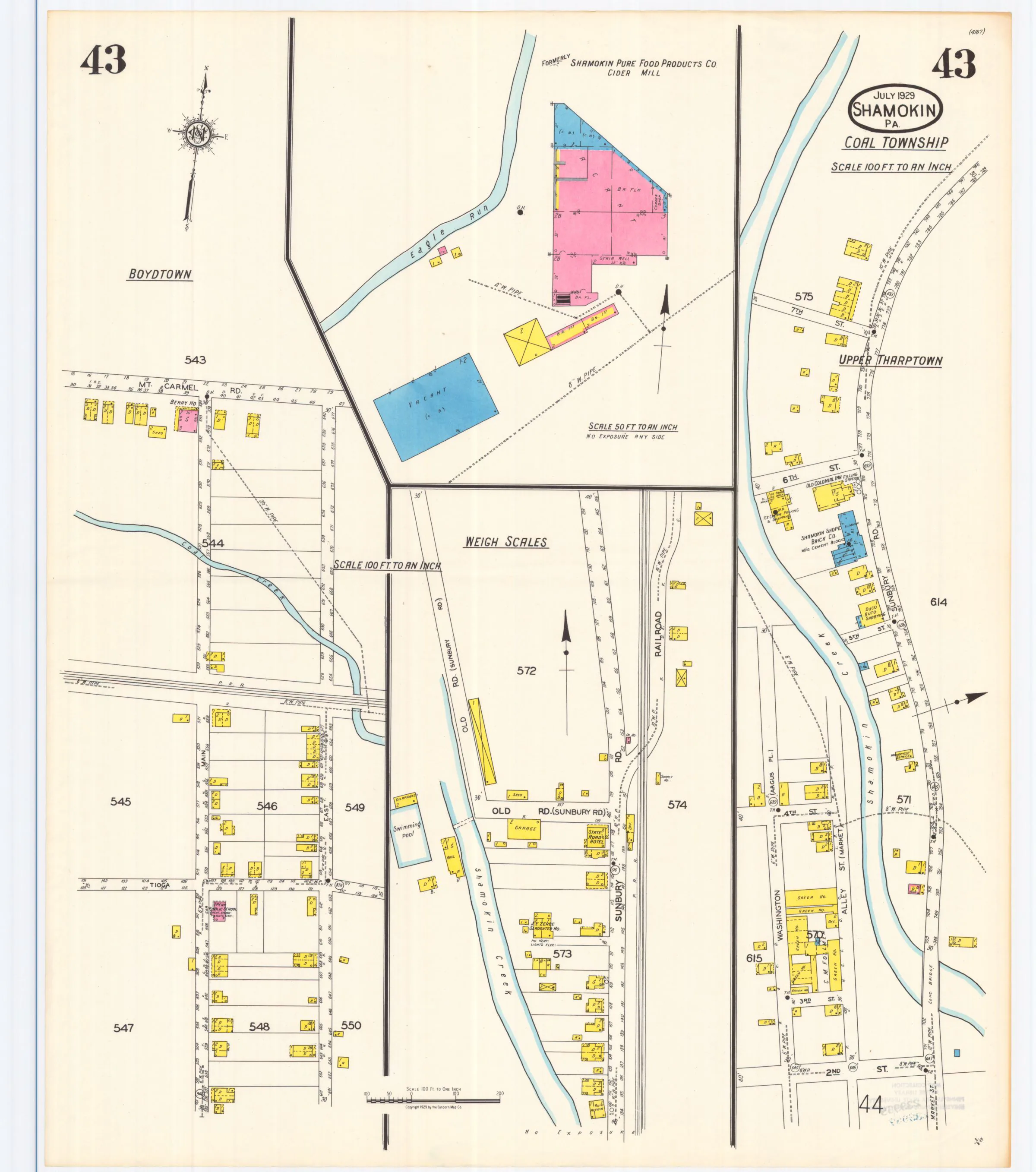 Sheet 43 of the July 1929 Shamokin Sanborn fire-insurance maps; streets, building footprints, and map symbols.
