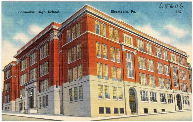 Historic postcard showing the Shamokin High School building